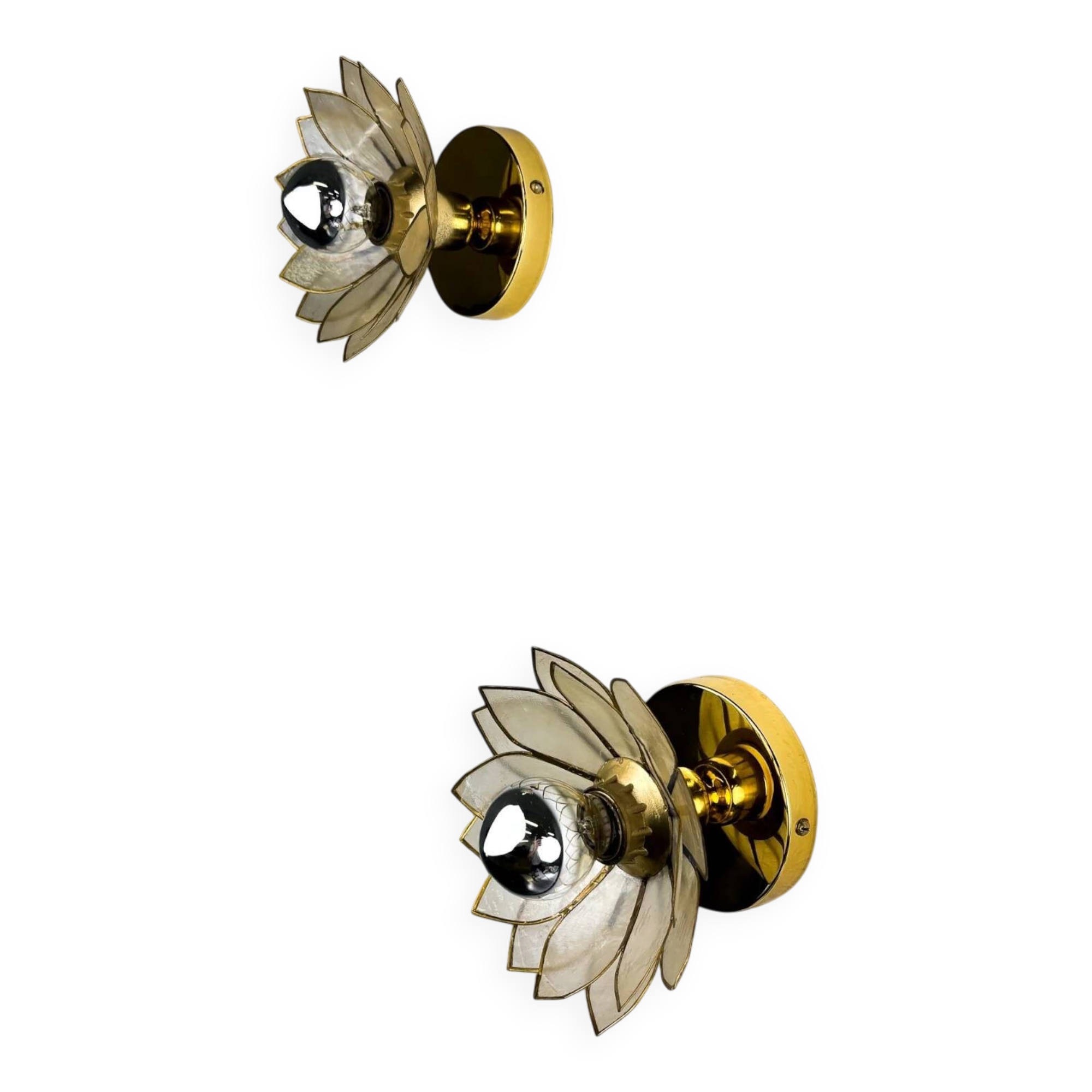 Pair of lotus flower wall sconces, mother-of-pearl petals & gilt brass, Italy, 1970s