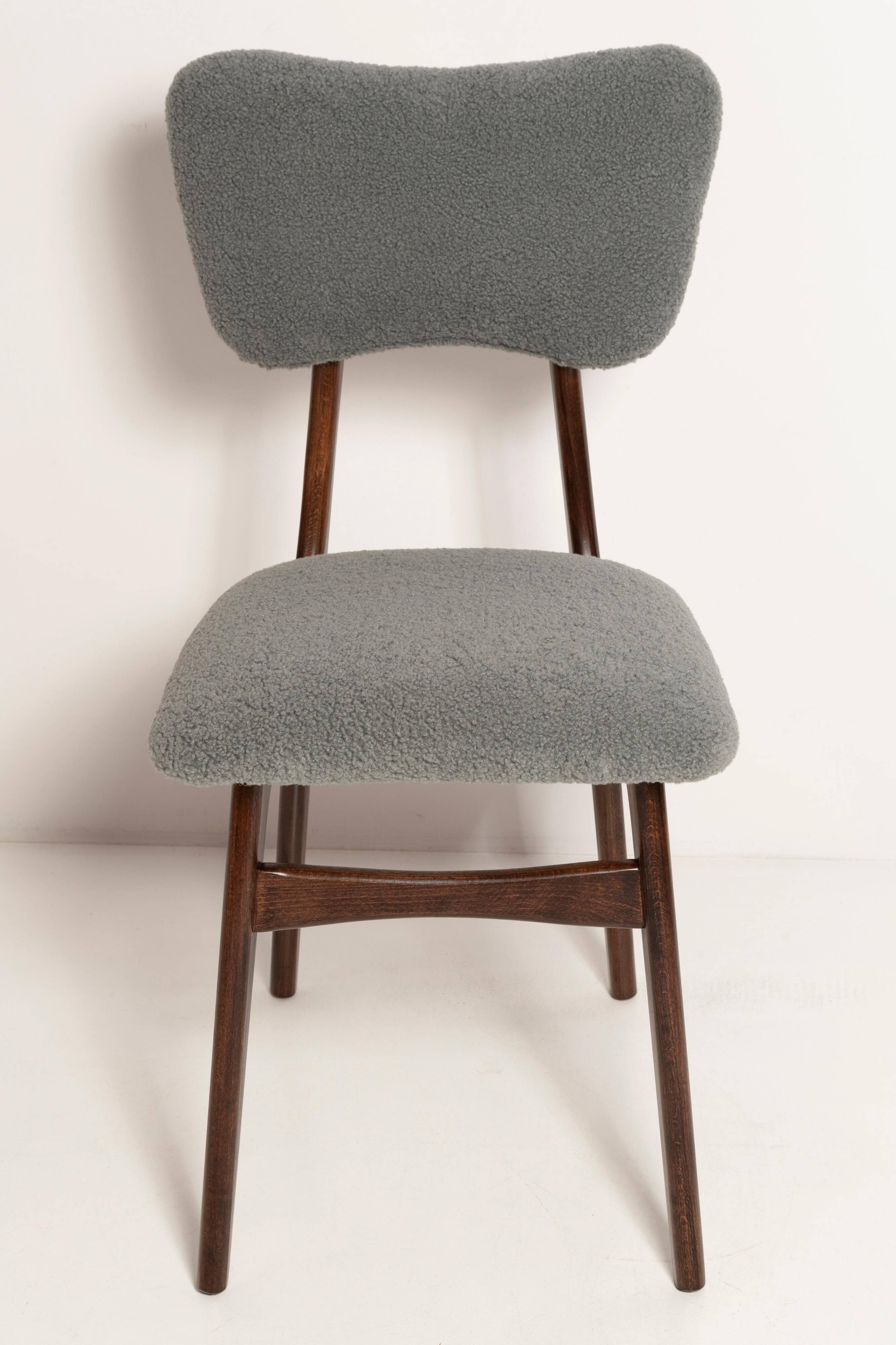 Chaise de salle à manger papillon milieu du siècle, bouclé gris, bois noyer foncé, Europe, années 1960