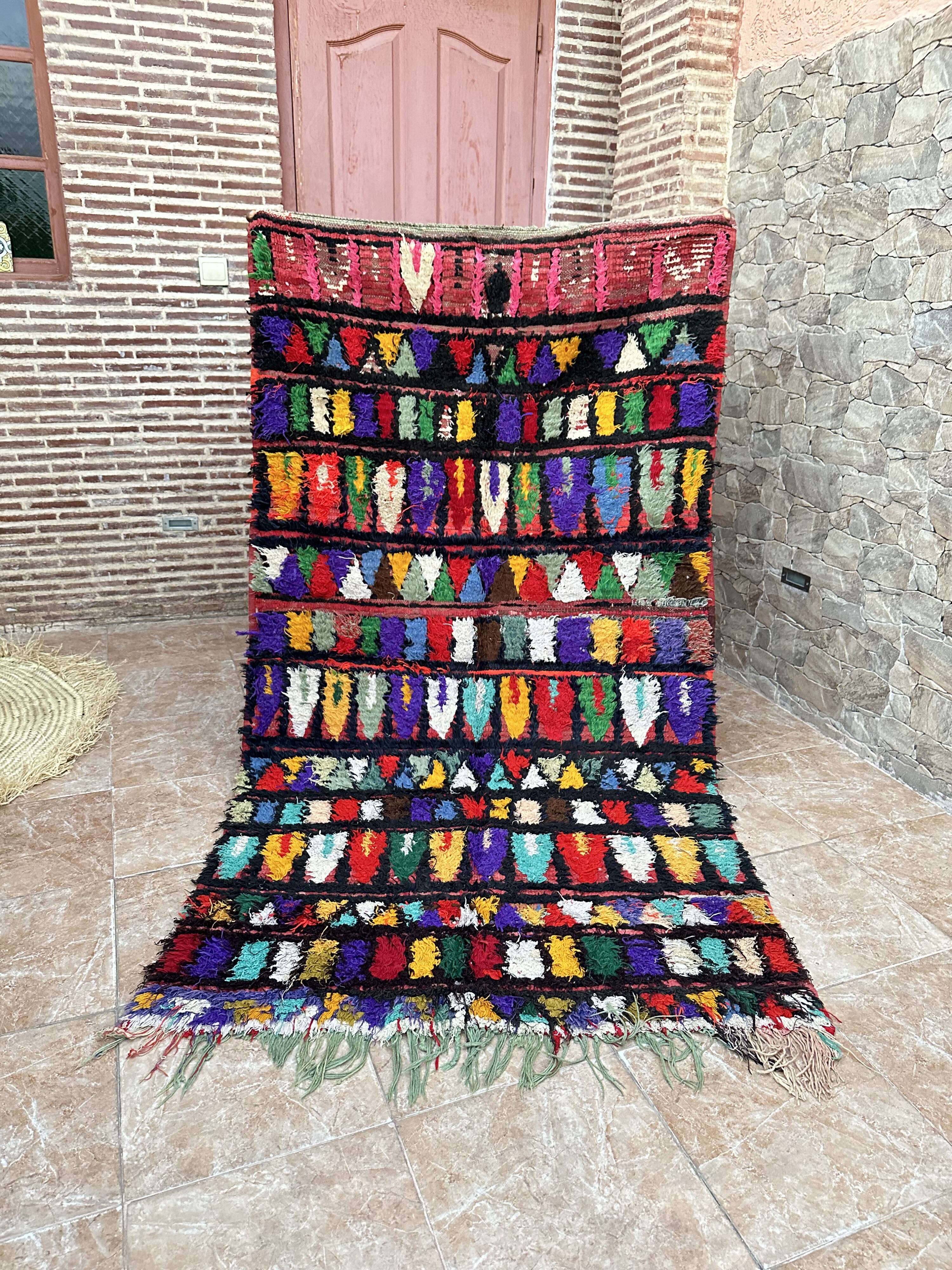 Vintage Moroccan Boujaad rug: Small abstract red Boucherouite rug.