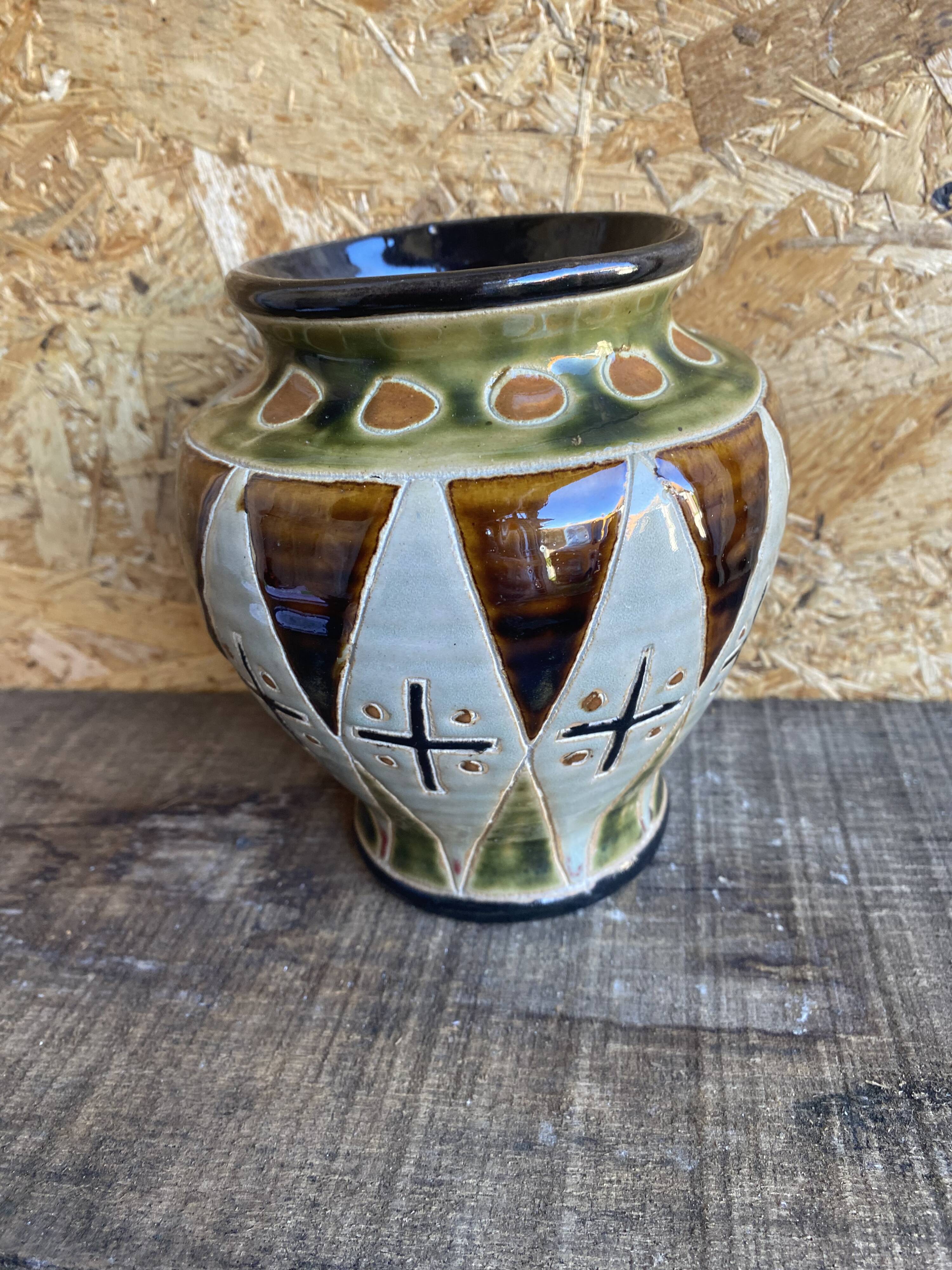 Vintage Polychrome Glazed Stoneware Vase #D961