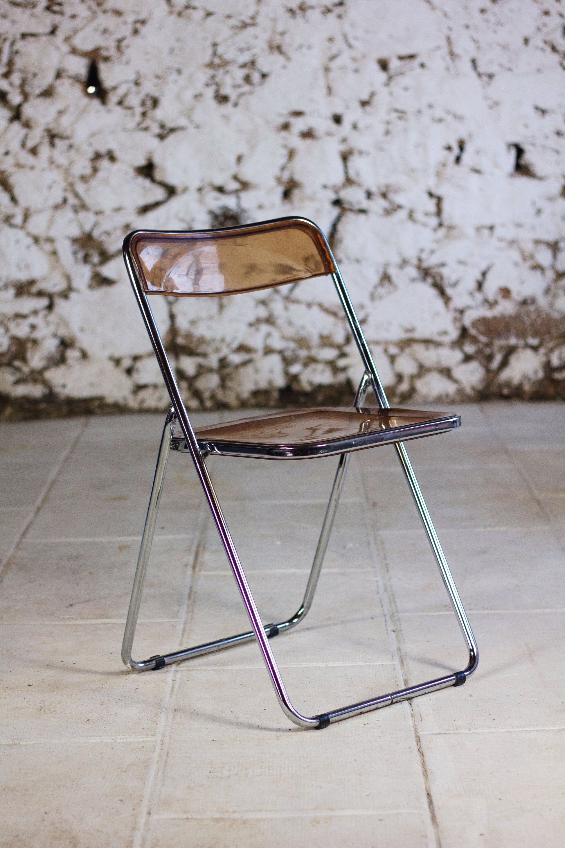Set of 3 folding chairs in plexiglass and chrome, 1970.