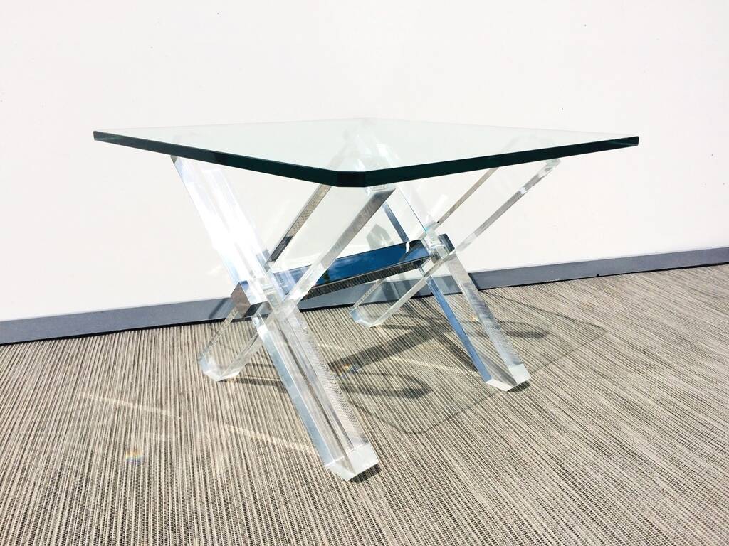 Square coffee table ' Trestles '. Plexi & glass. Vintage 80s