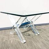 Table basse carrée ' Tréteaux ' . Plexi & verre. Vintage 80s