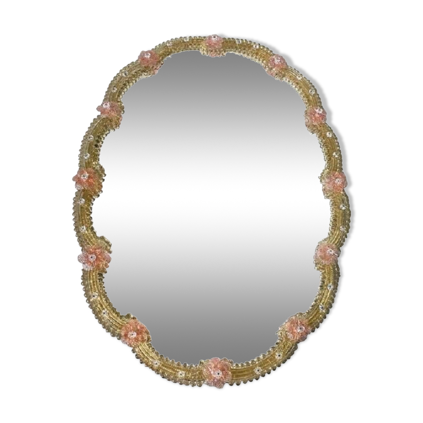 2000s venetian oval gold and pink floreal hand-carving mirror in murano glass style