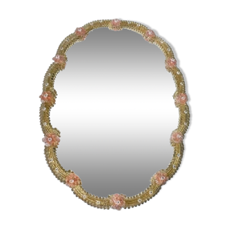 2000s venetian oval gold and pink floreal hand-carving mirror in murano glass style