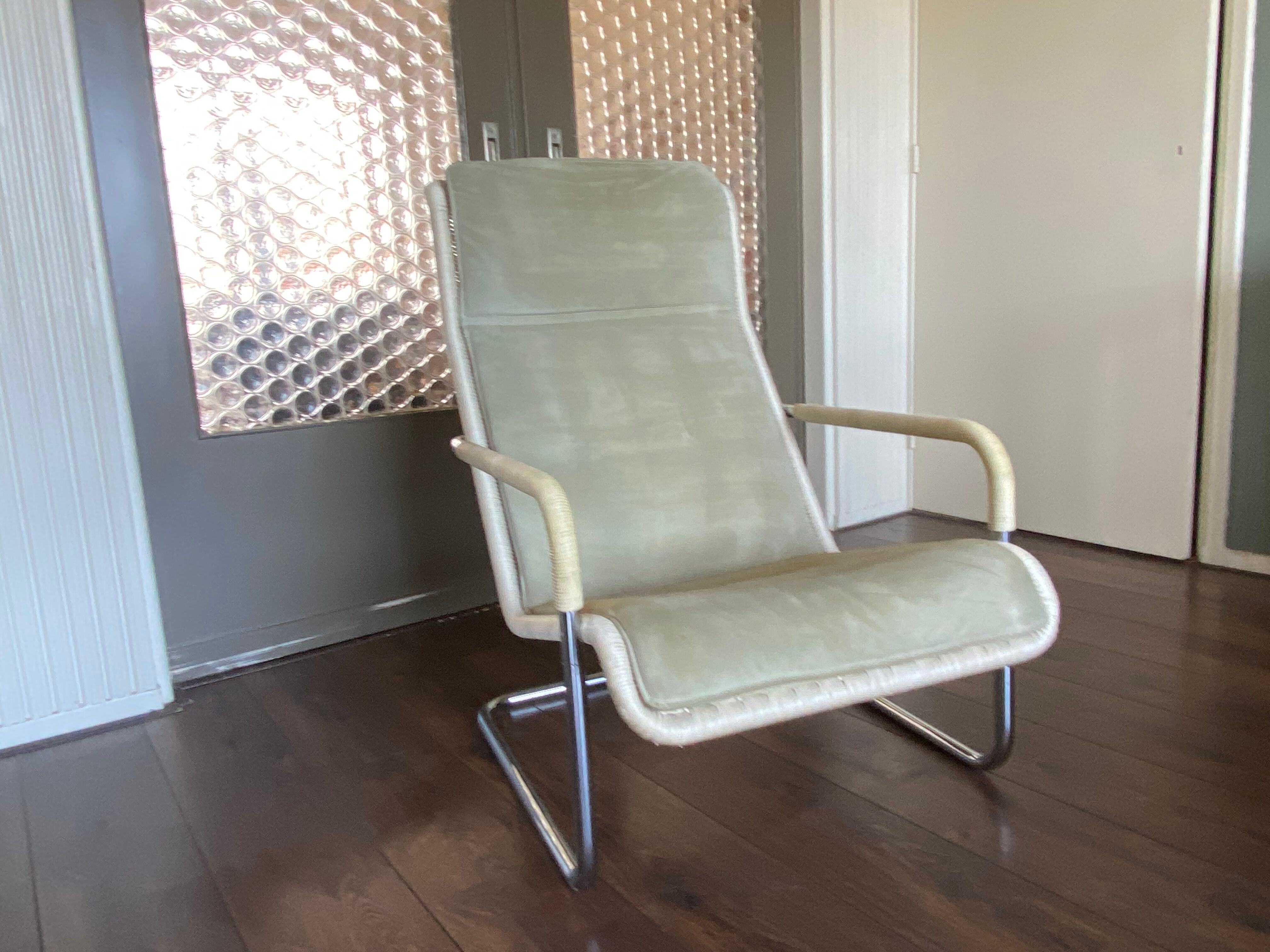 Vintage modernist chromed tubular steel, rattan & leather easy chair