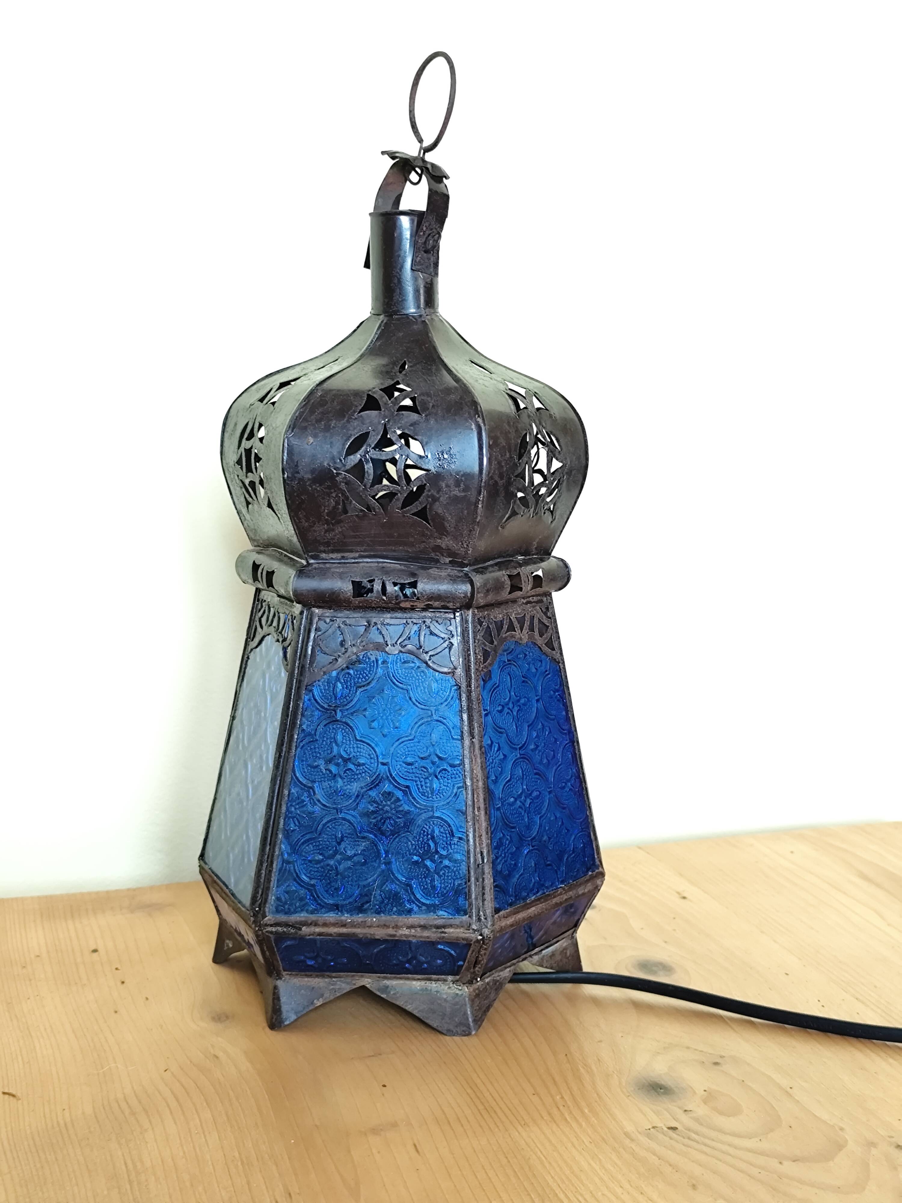 Blue hexagonal Moroccan lantern table lamp