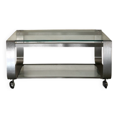 Table basse en chrome brossé et verre 2 plateaux sur roues, design 1970