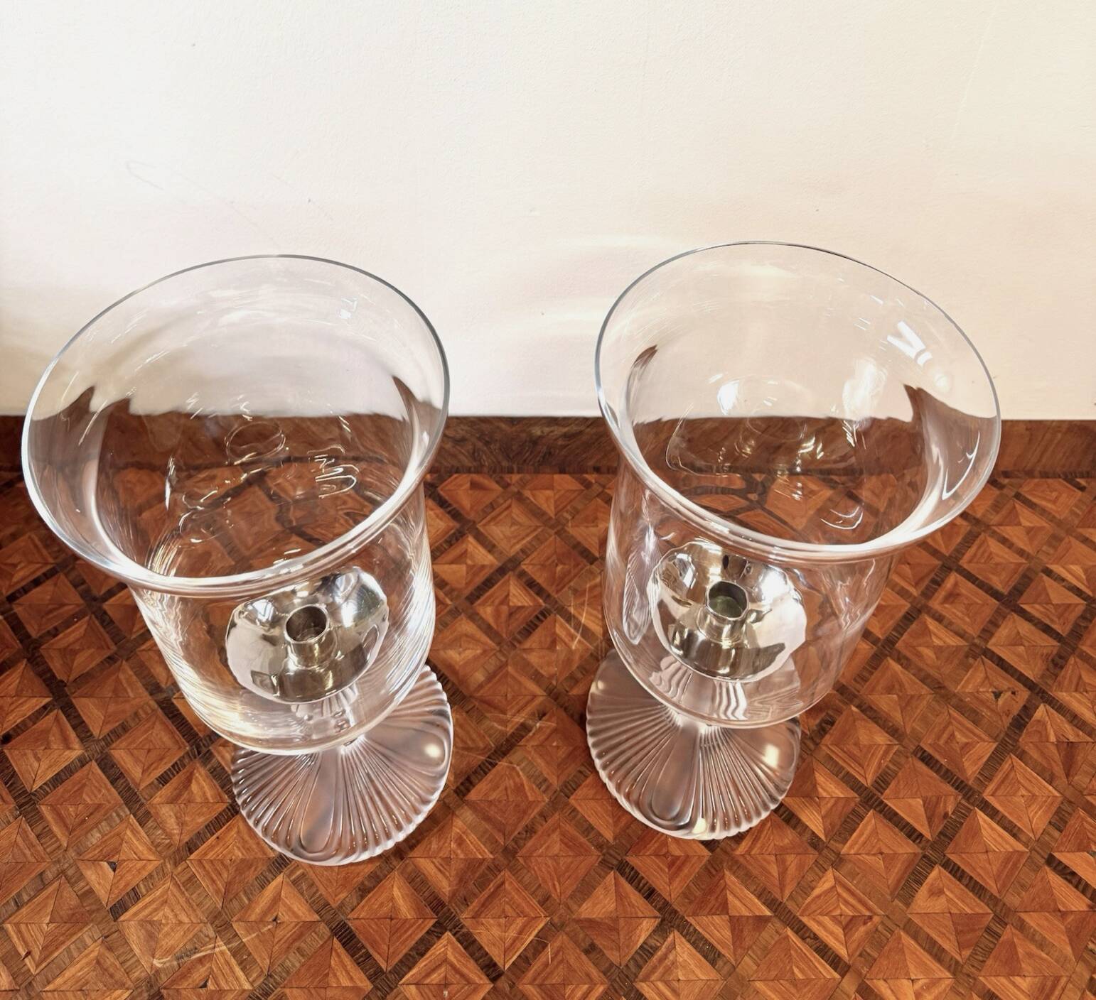 Pair of Lalique FRANCE crystal tealight holders – “Ouragan” model