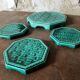 Vintage Digoin France emerald green majolica trivet and coaster set