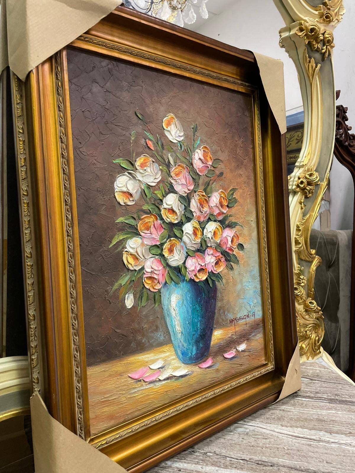 Pink and white flower pot painting