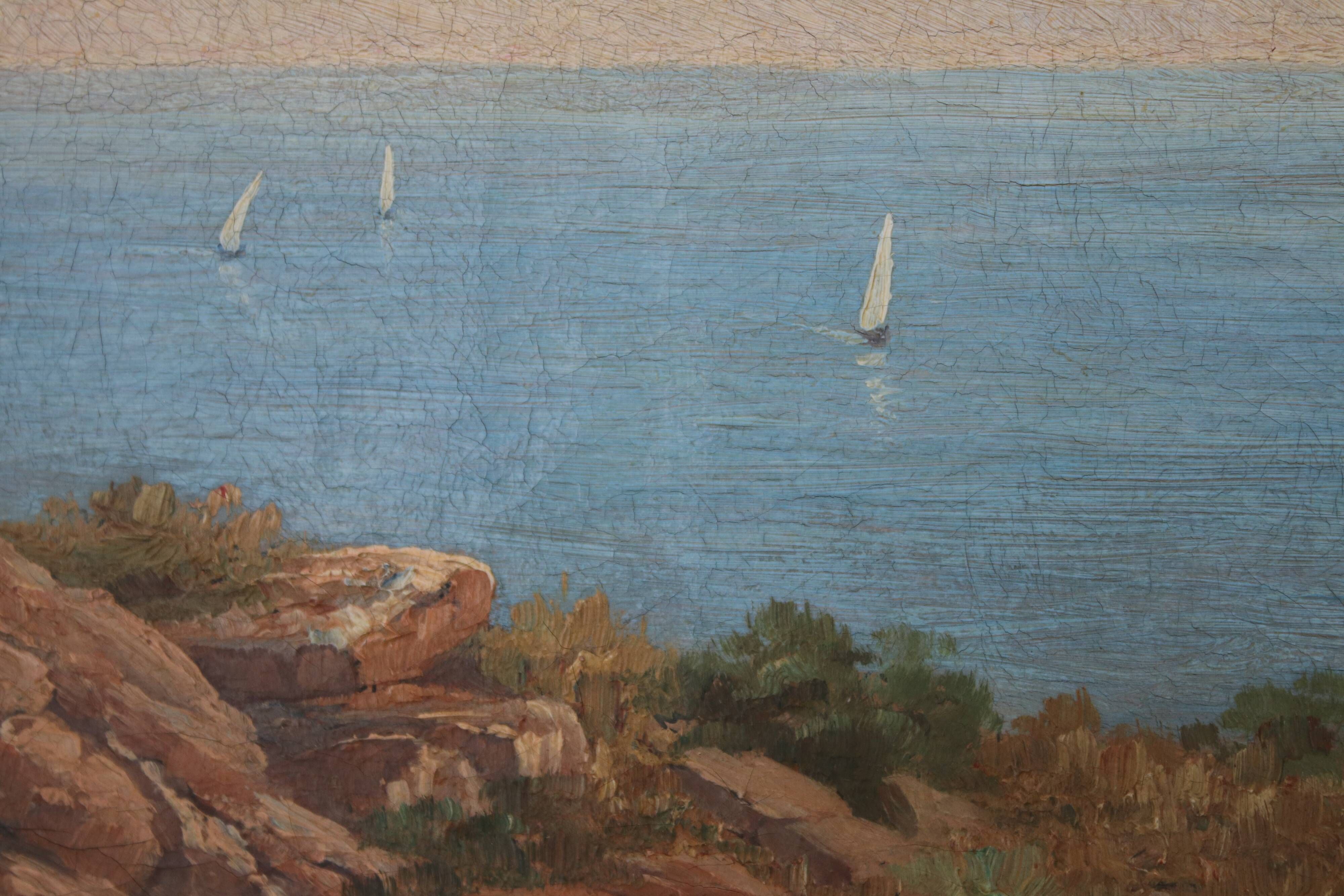 Painting Oil on Canvas Framed, signed Victor Barjon (1845-1920), Cote Rocheuse Bretagne