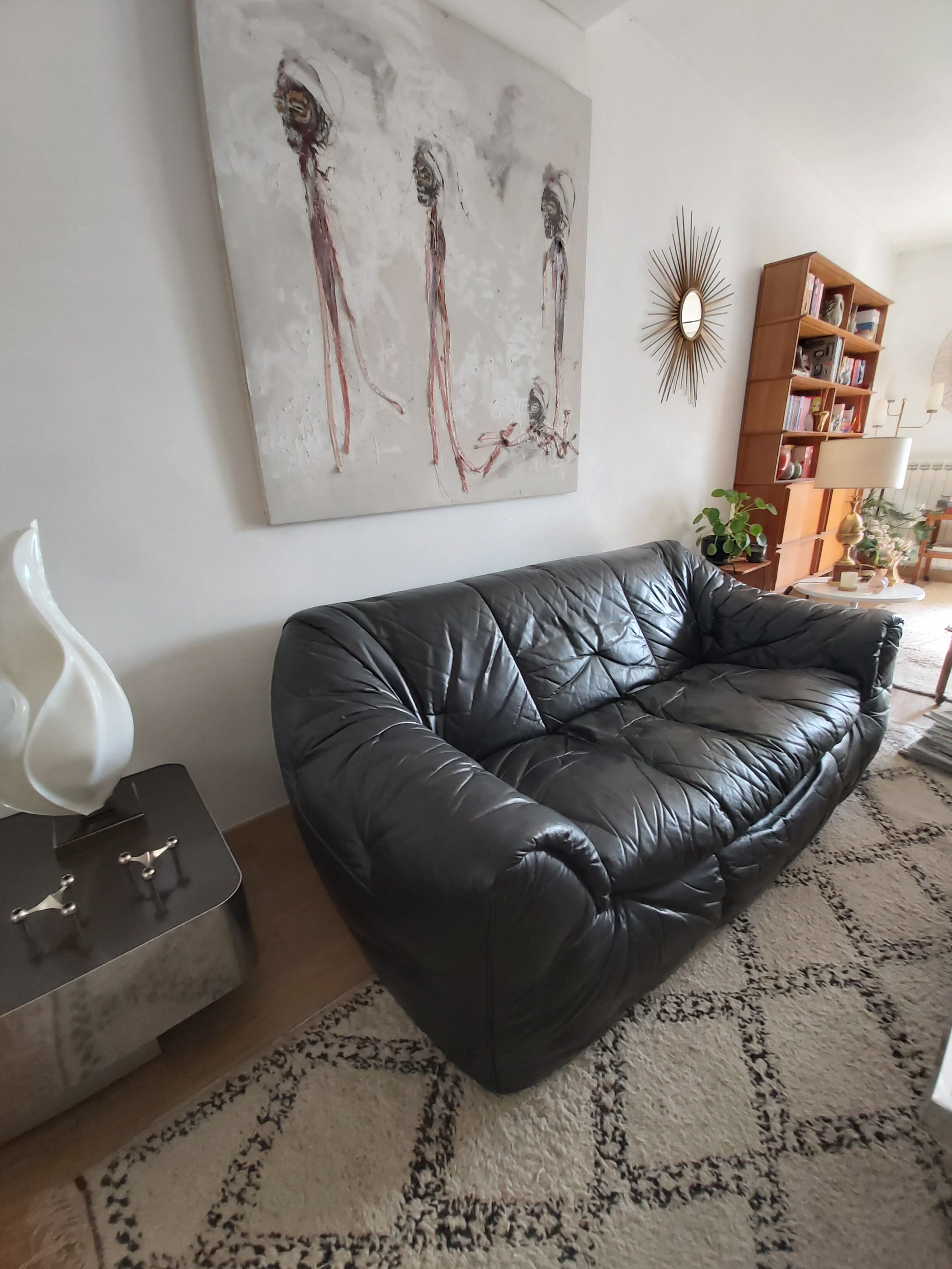 80s black leather Sloop Sloop Line Sofa