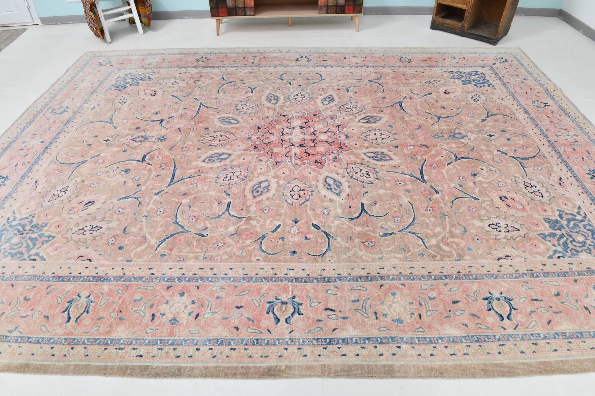 Tapis persan classique antique 57s rose blush bleu 10x13, 293x388 cm