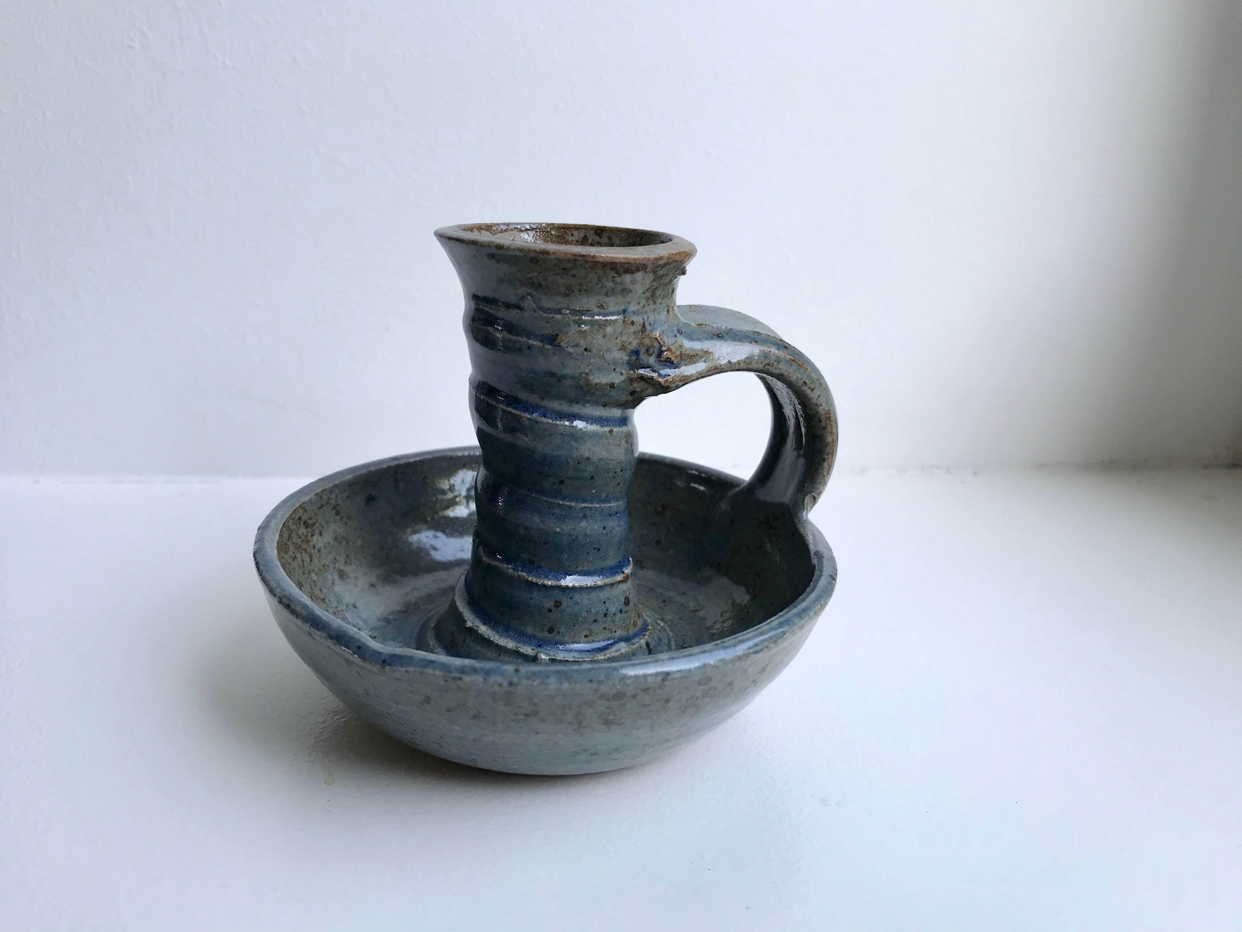 Bougeoir en grès vernissé bleu années 70