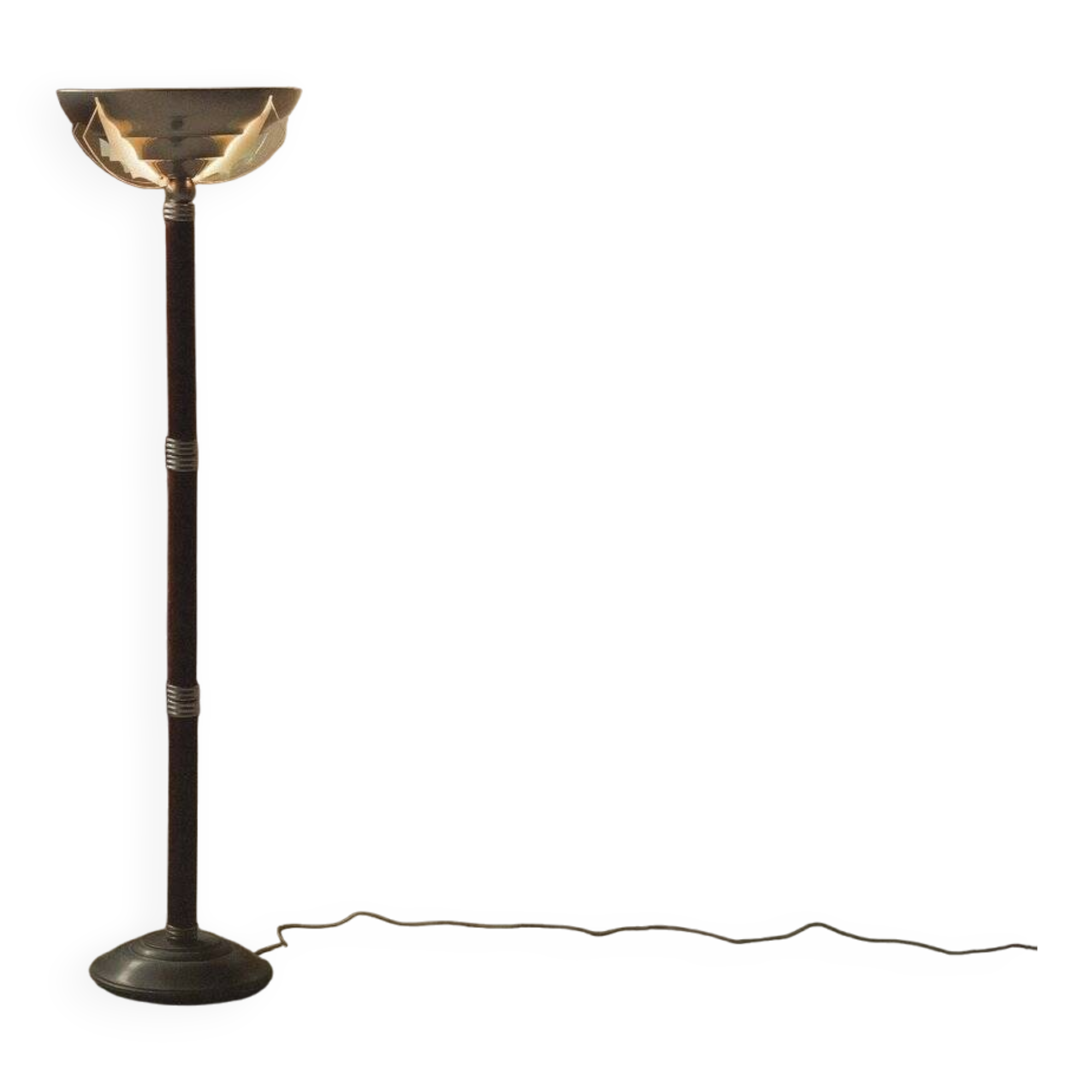 Art Deco floor lamp in oak, metal and glass, circa 1930