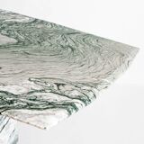 Vintage dining table in green and white veined marble. Completely restored. Italy, 90's