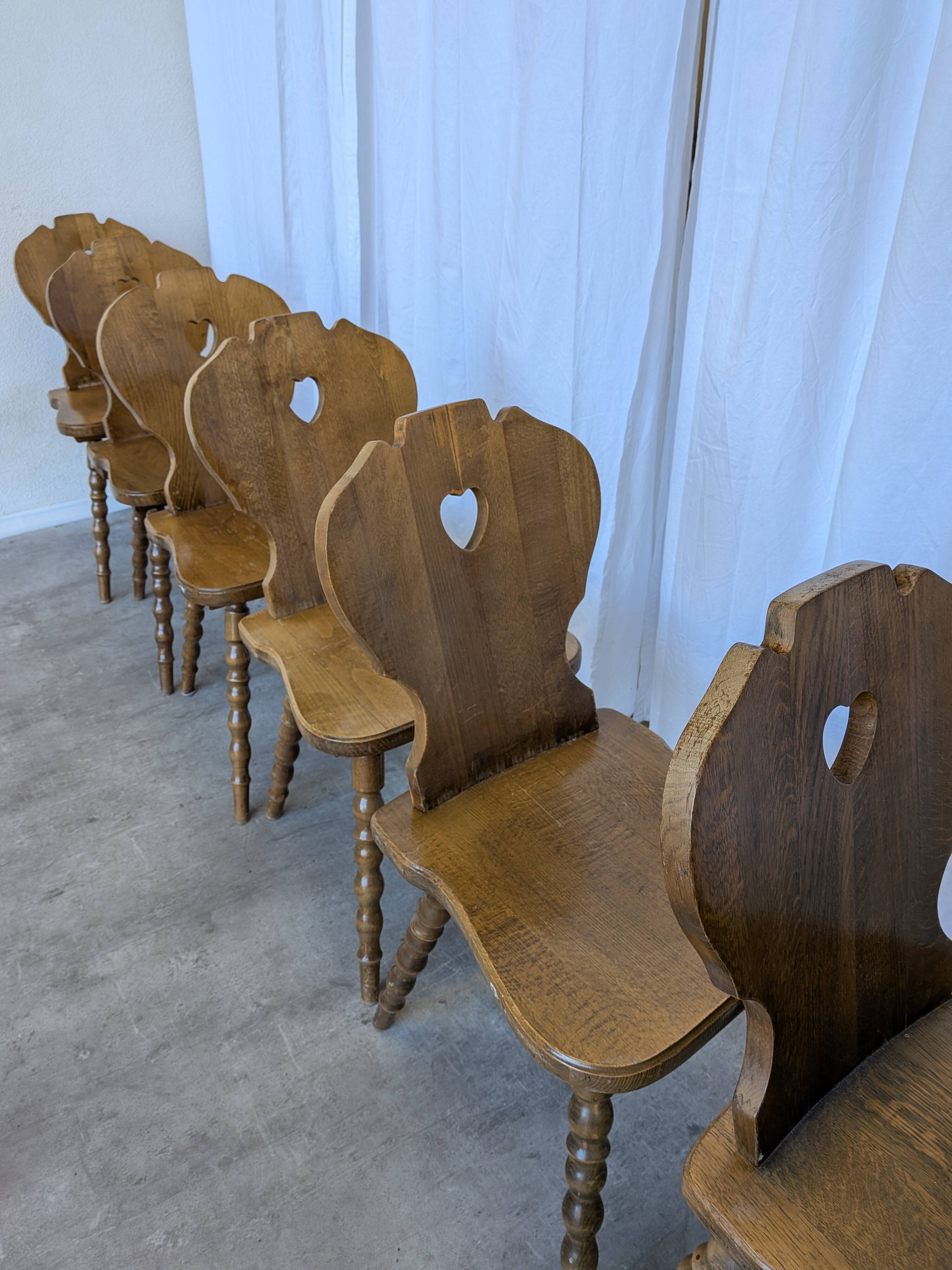 Set of 6 Vintage Tyrolean Heart Cutout Wooden Dining Chairs / Darker Brown