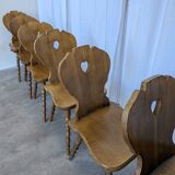 Set of 6 Vintage Tyrolean Heart Cutout Wooden Dining Chairs / Darker Brown