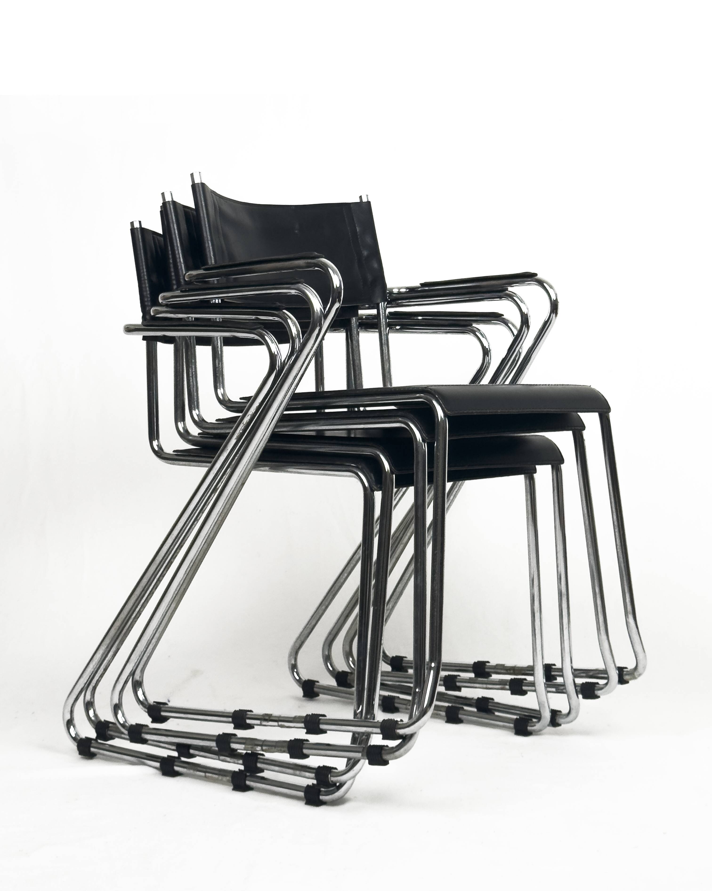 Vintage Cantilever Black Leather and Chrome Armchair , Set of 4