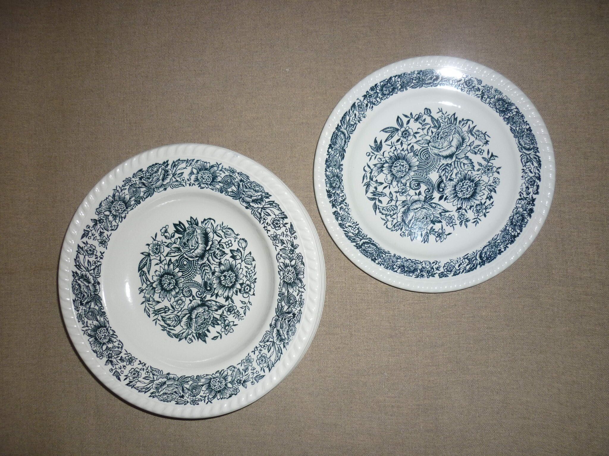 5 antique white and blue ceramic plates