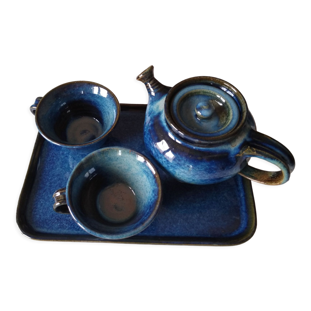 Service à Déjeuner Vintage Pour Deux - Grandes Tasses En Grès Fleuri, Couleur Noisette, Occasion