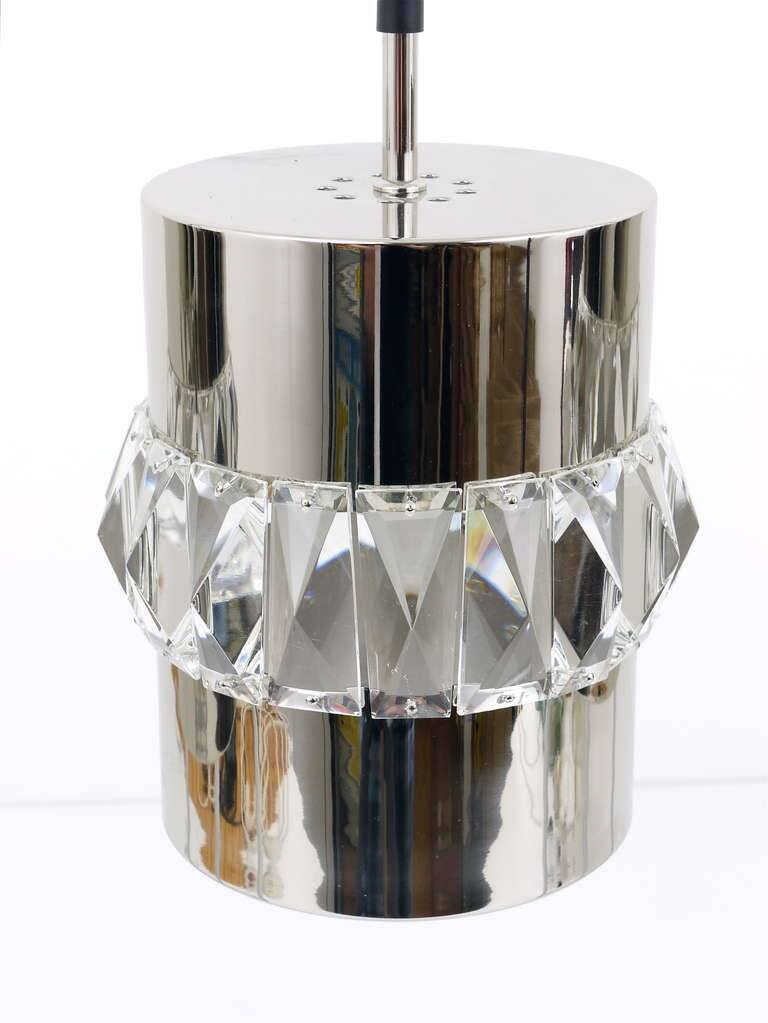 Three Bakalowits pendant lamps in nickel, brass, and faceted crystal, Austria, 1950s.