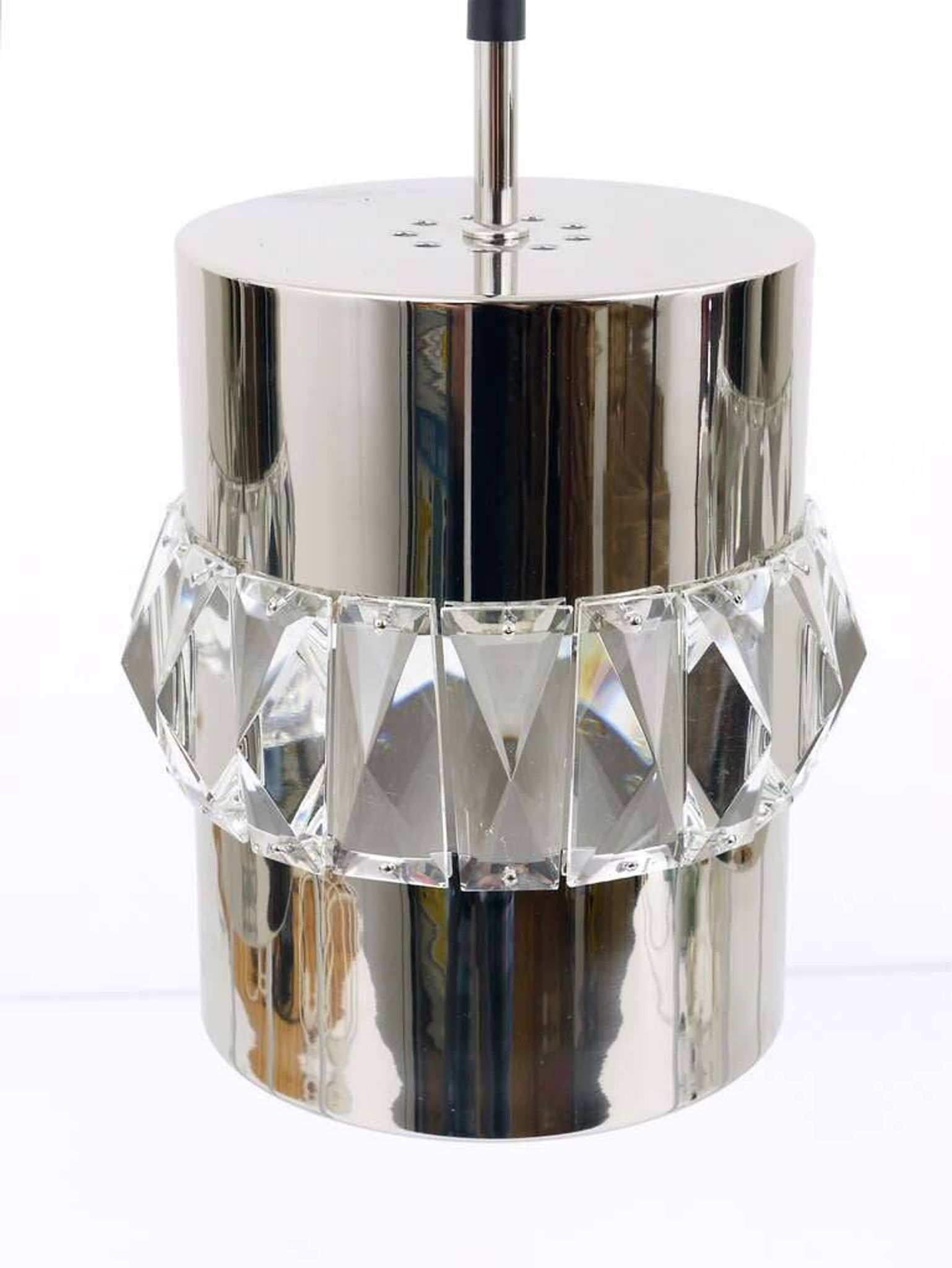 Three Bakalowits pendant lamps in nickel, brass, and faceted crystal, Austria, 1950s.