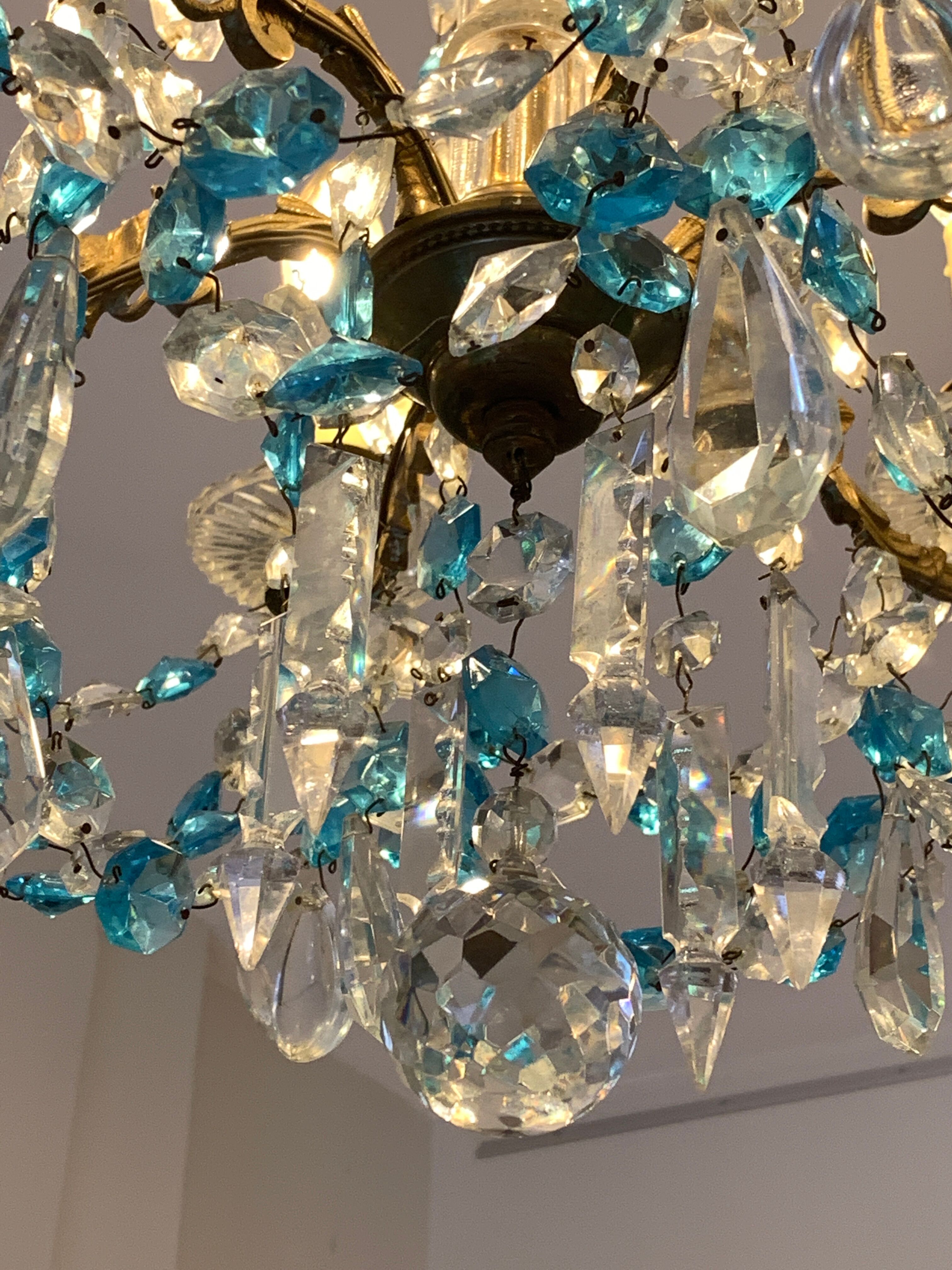 Chandelier with blue crystal pimples, 6 lights, Baccarat, 1950, art nouveau style