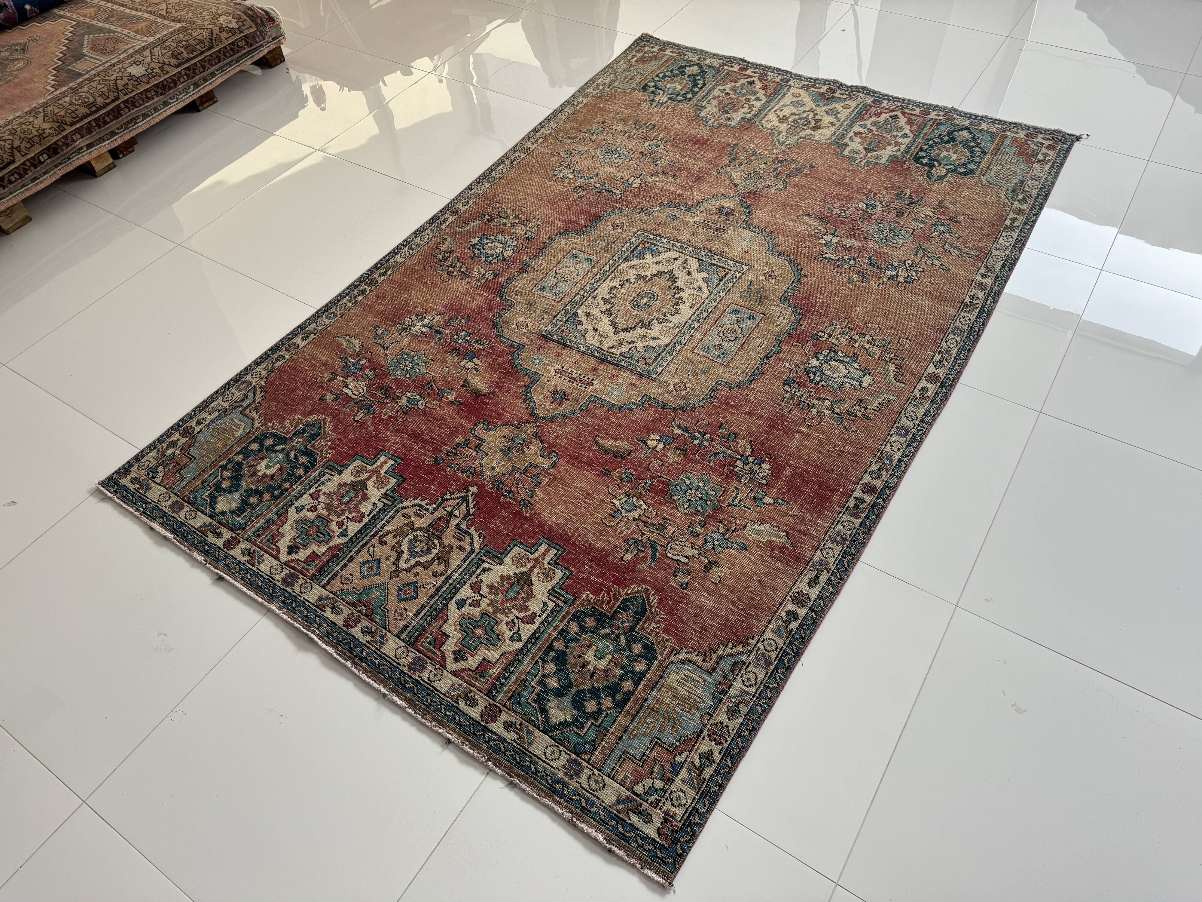 Tapis Oriental en laine nouée à la main, tons rouges et bleus, motif médaillon Vintage, à poils bas, 160x254 Cm