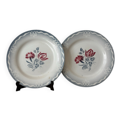 Ensemble de deux assiettes plates fleuries en faïence