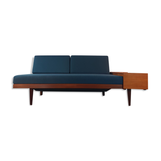 Norwegian Daybed Renovated in Teak and Blue Fabric, Vintage Scandinavian 10960s