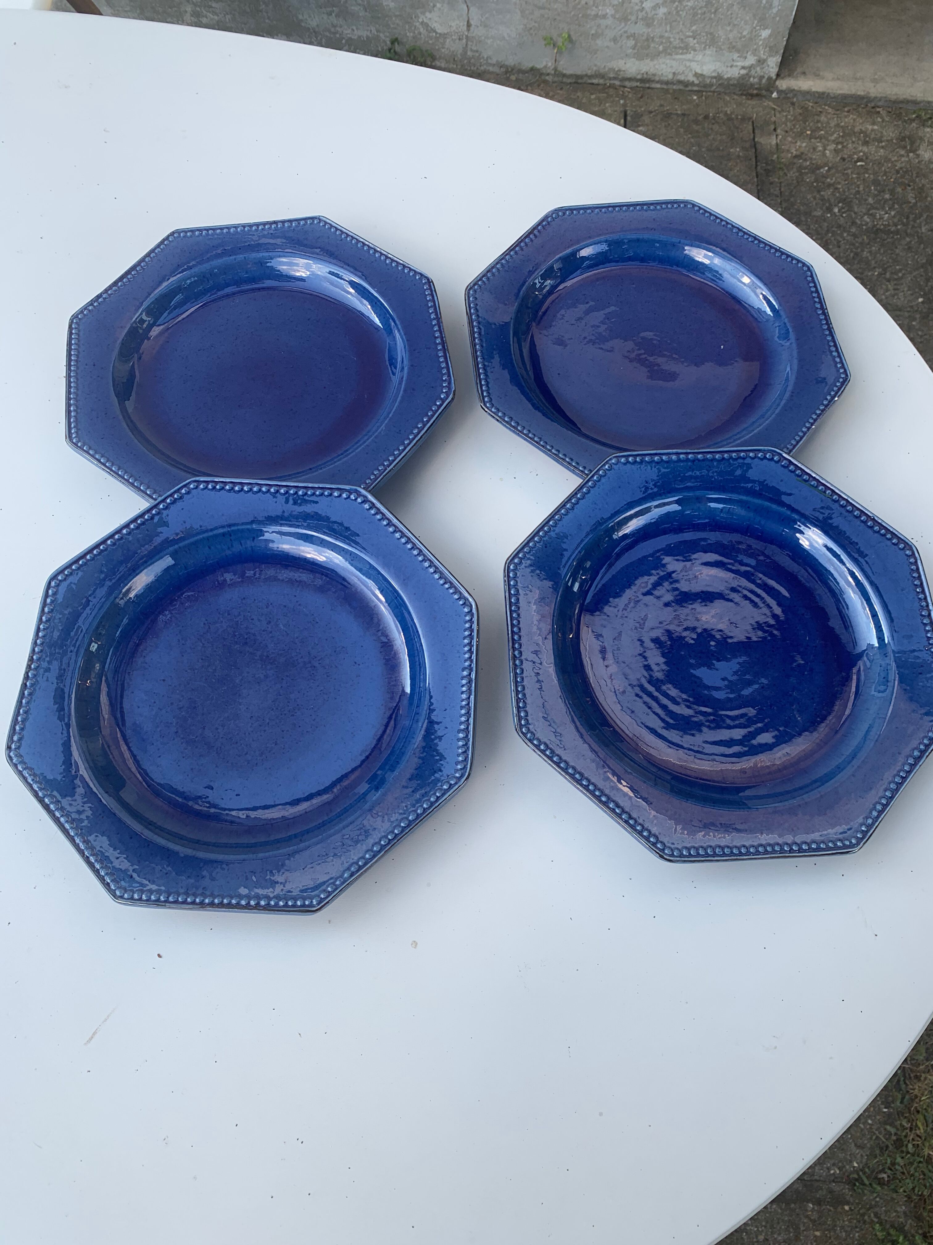 4 octagonal flat plates terre de Provence blue ceramic glazed vintage