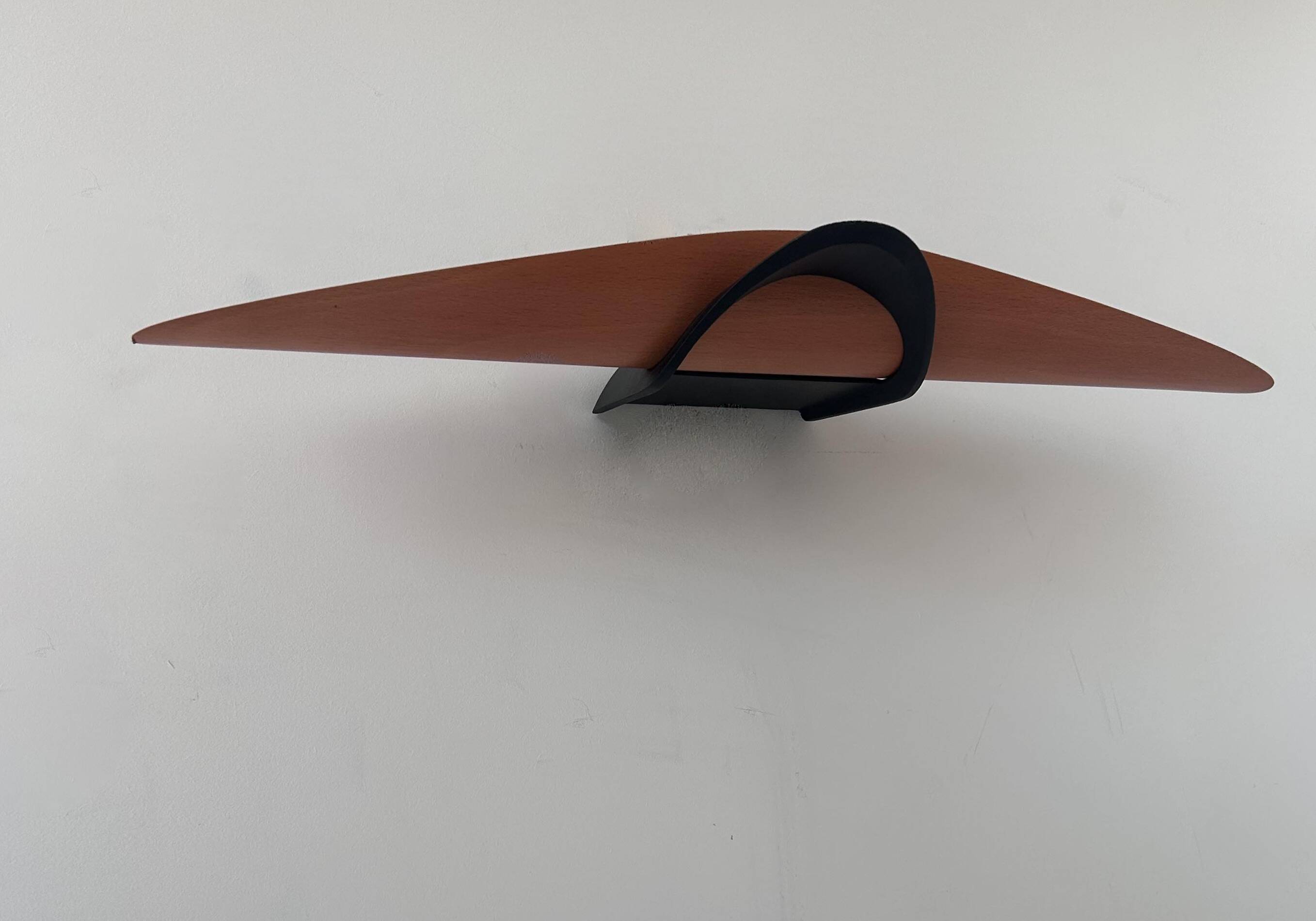 Vintage modernist wall lamp, black lacquered metal and wood, France 1980s