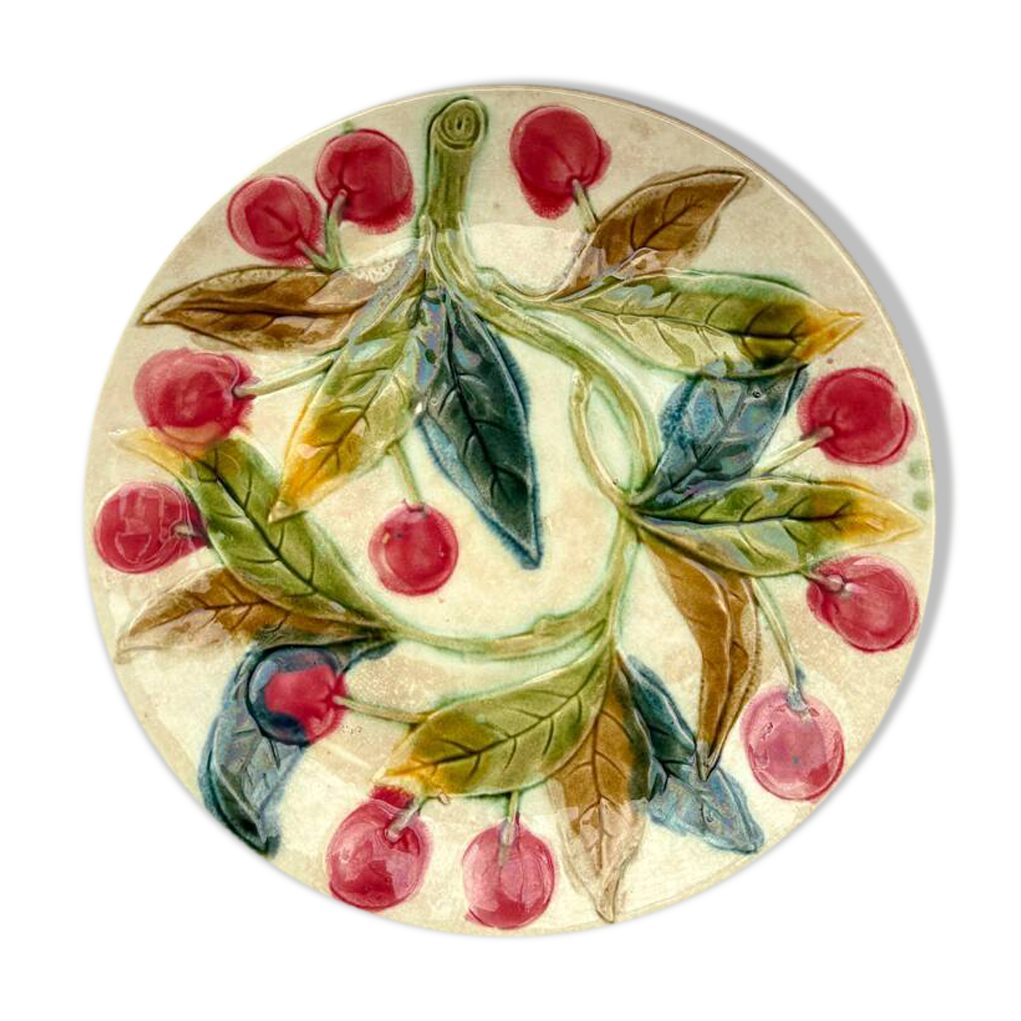 Very old barbotine plate with cherries