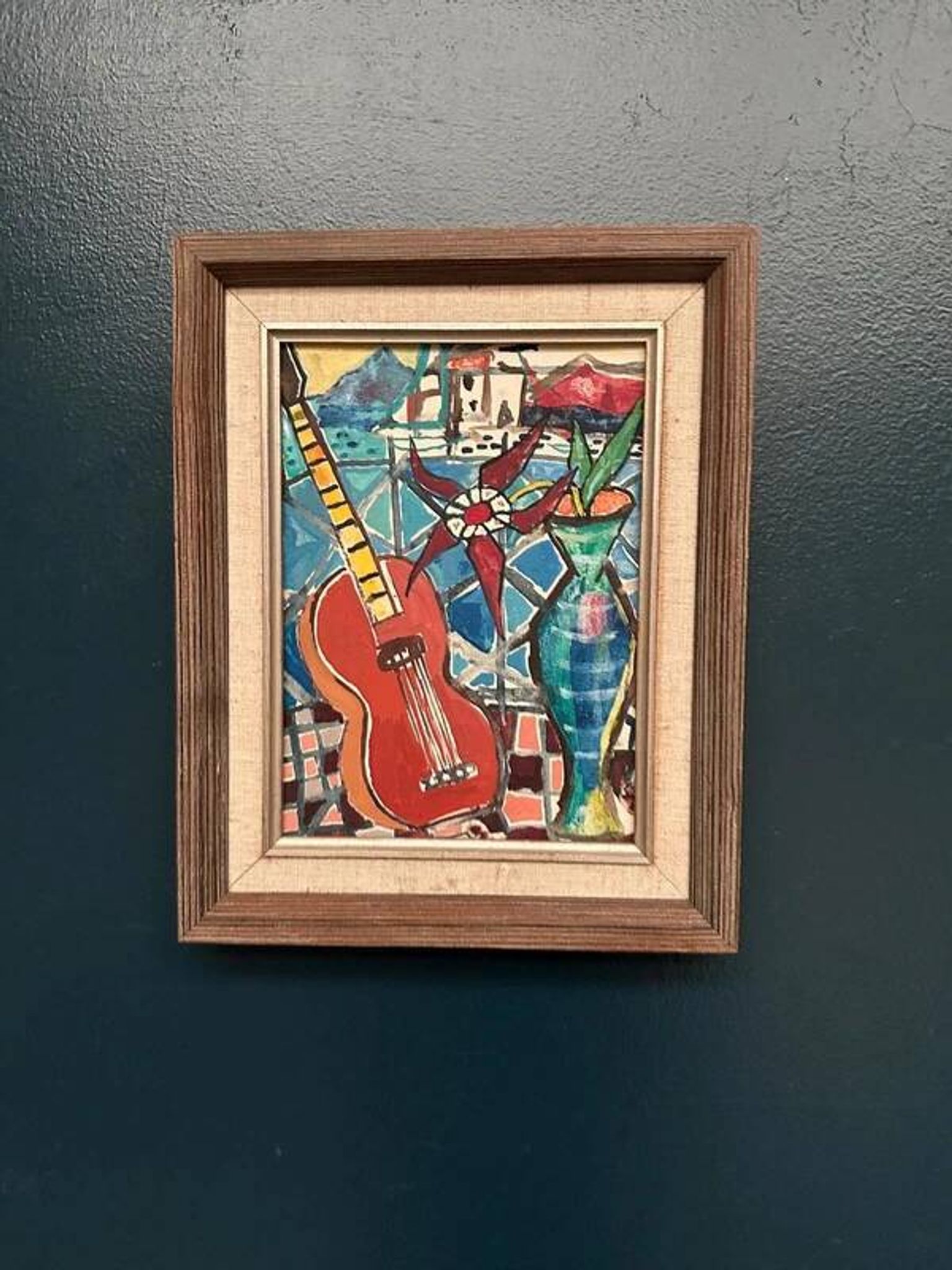 Swedish oil on canvas “Still life with guitar” by Josef José vintage 25×31cm