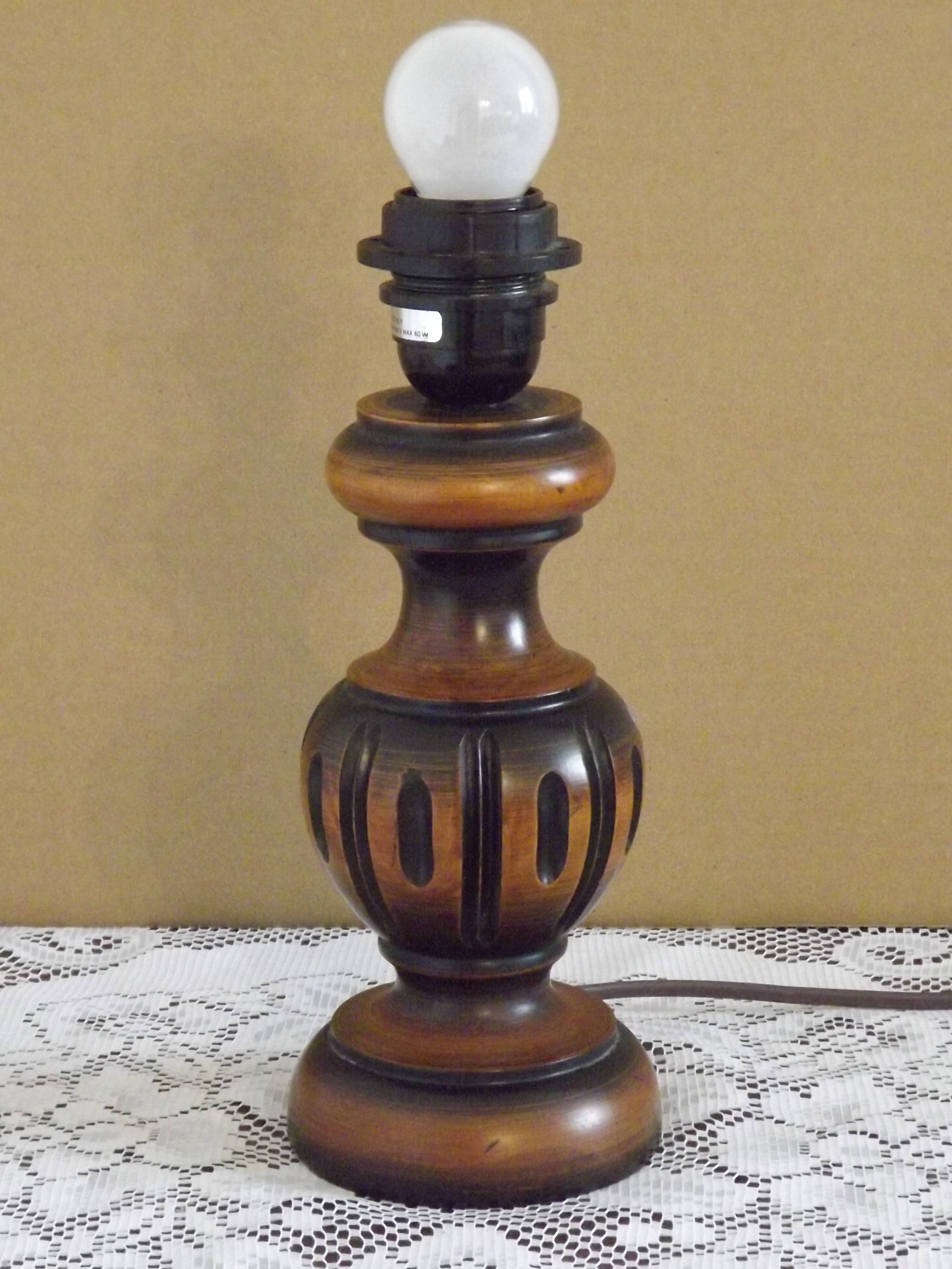 French Mid Century Round Turned Wood Table Lamp Cream Fringed Shade 5573