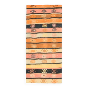Tapis couloir vintage turc Oushak fait main en laine et coton orange des années 1970 90x204