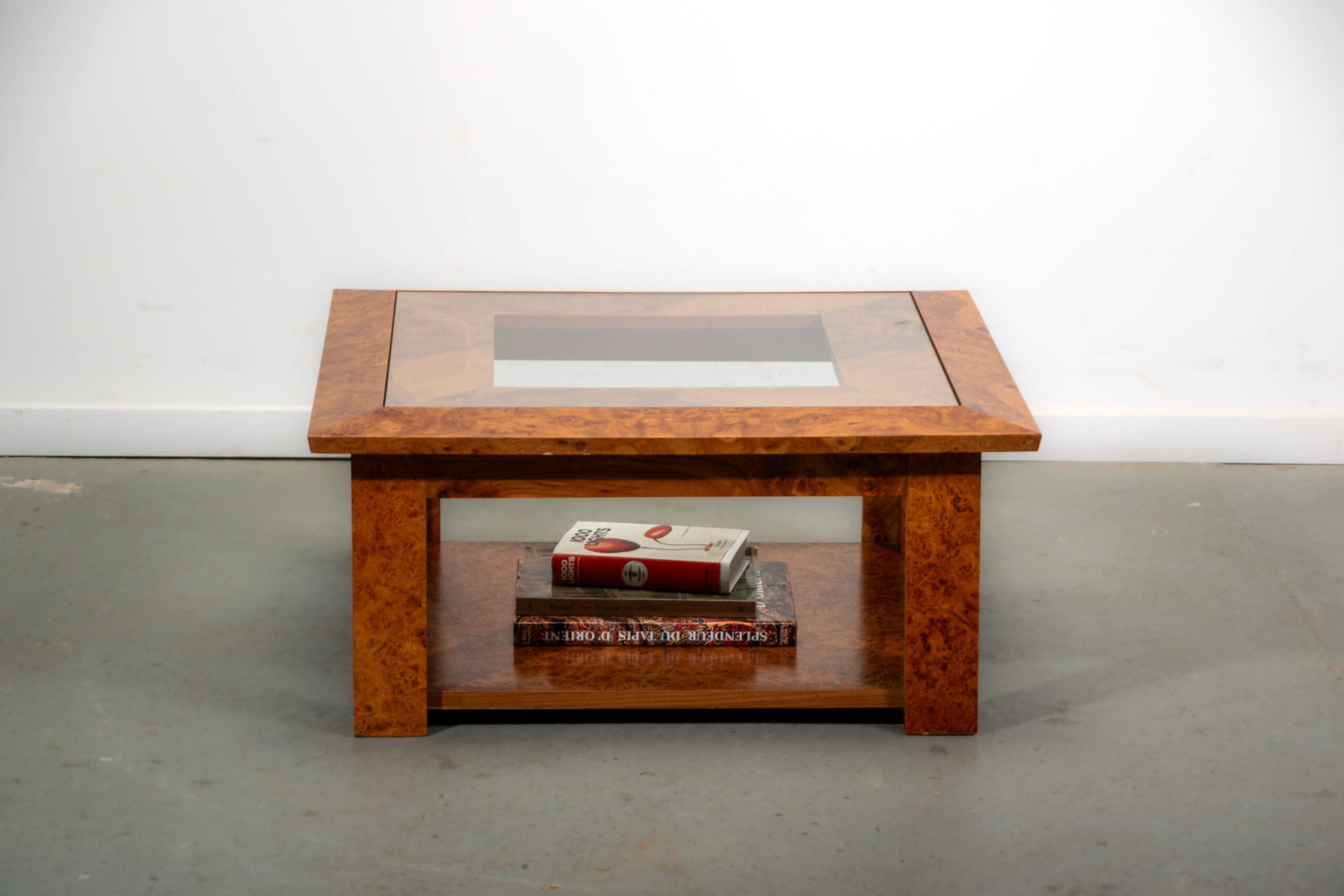 Walnut burl and glass coffee table circa 1980