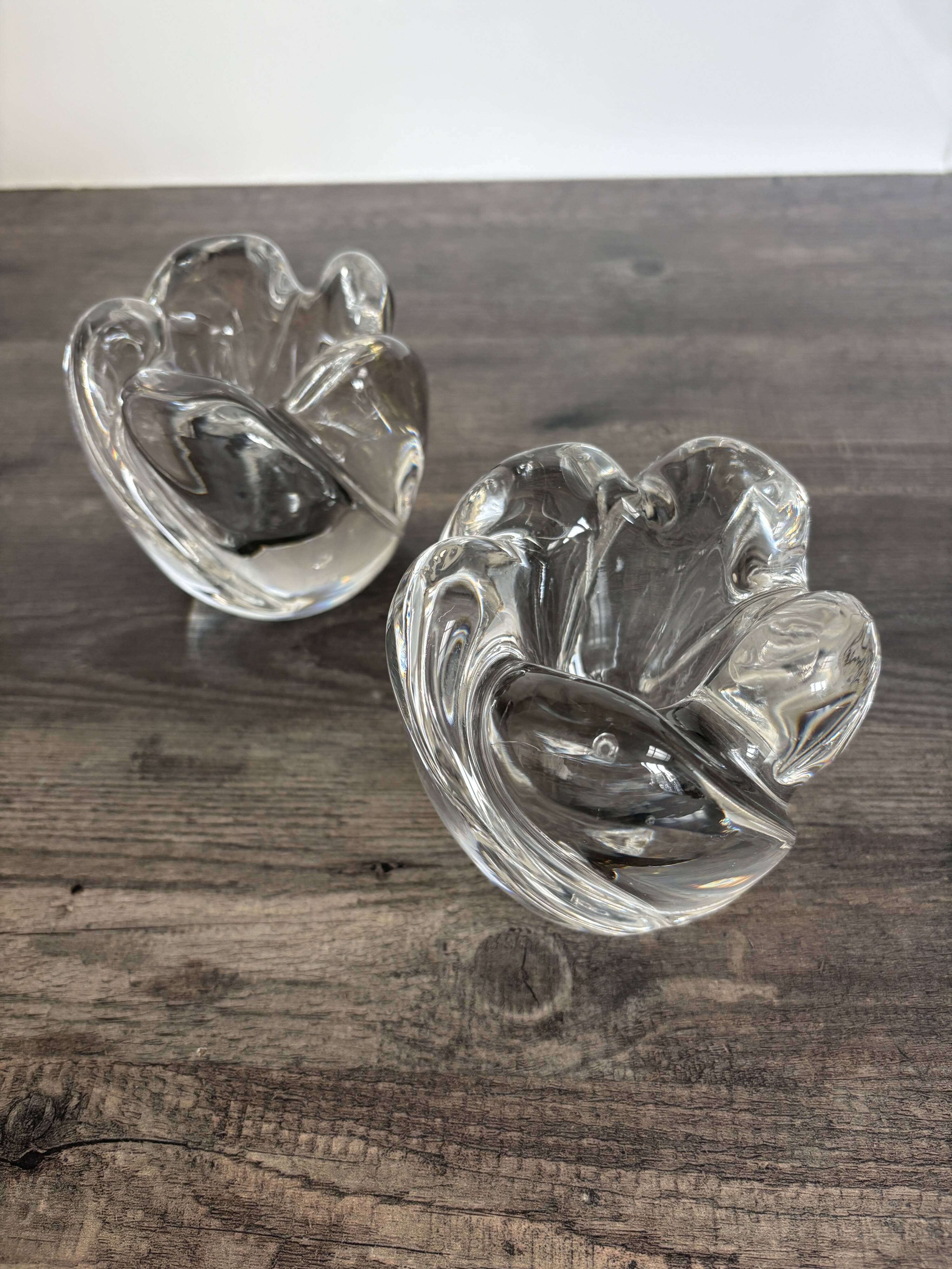 Pair of rose crystal candle holders by Daum France