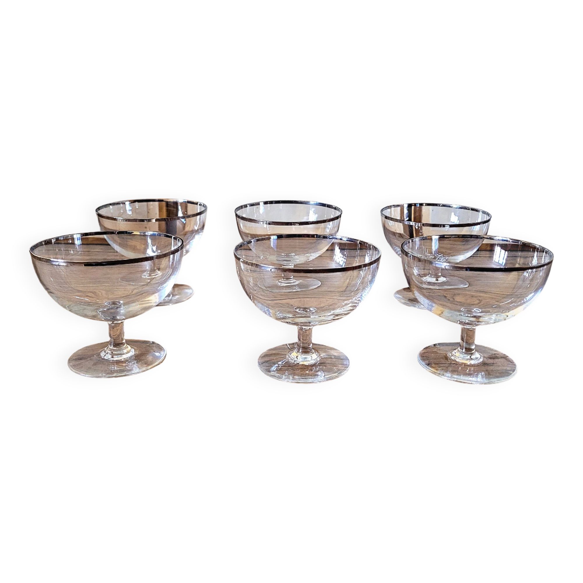 Vintage crystal ice cream cups with silver rim