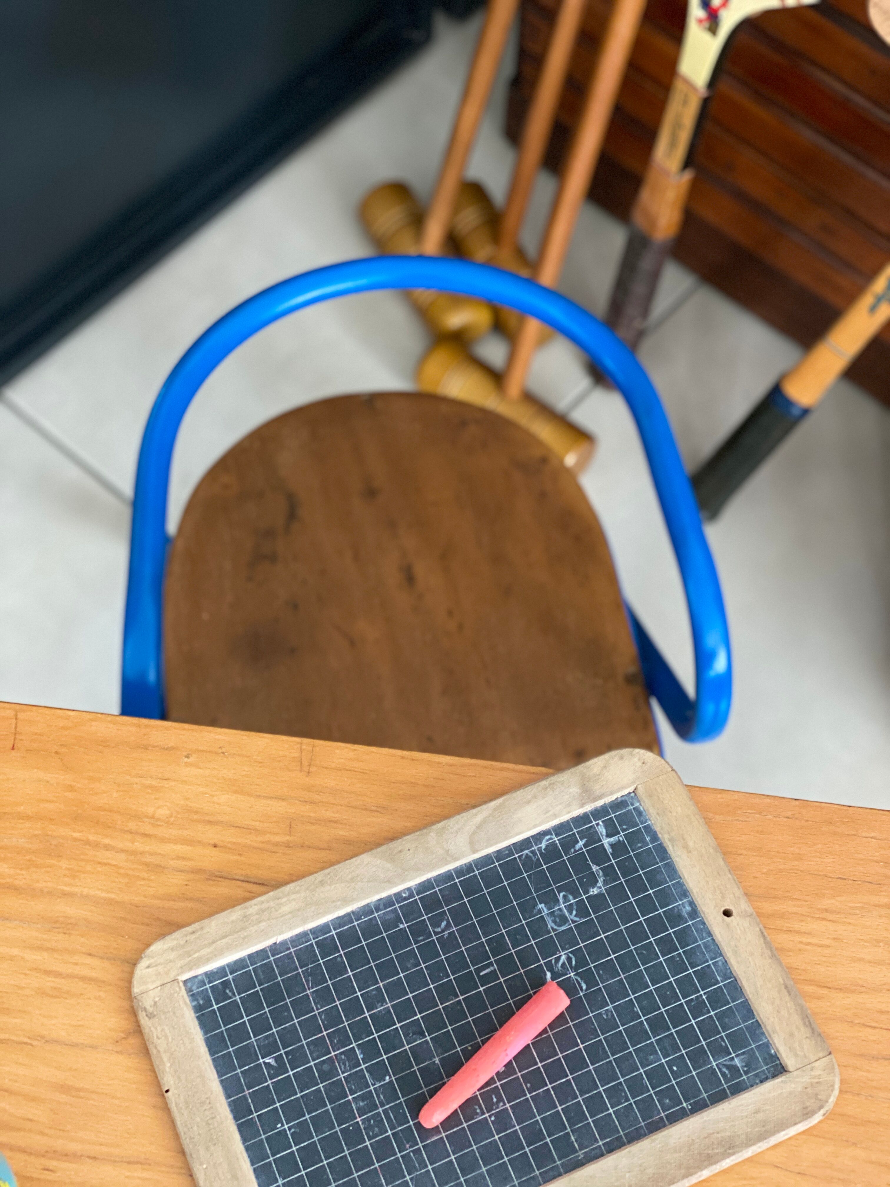 Blue desk and school chair set  design Jacques Hitier