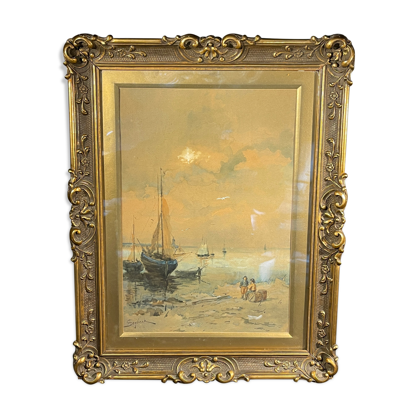 " Boats stranded at low tide " by A. Semlinck, Aquarelle Marine, Bateaux Voiliers, ca 1910
