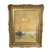 " Boats stranded at low tide " by A. Semlinck, Aquarelle Marine, Bateaux Voiliers, ca 1910