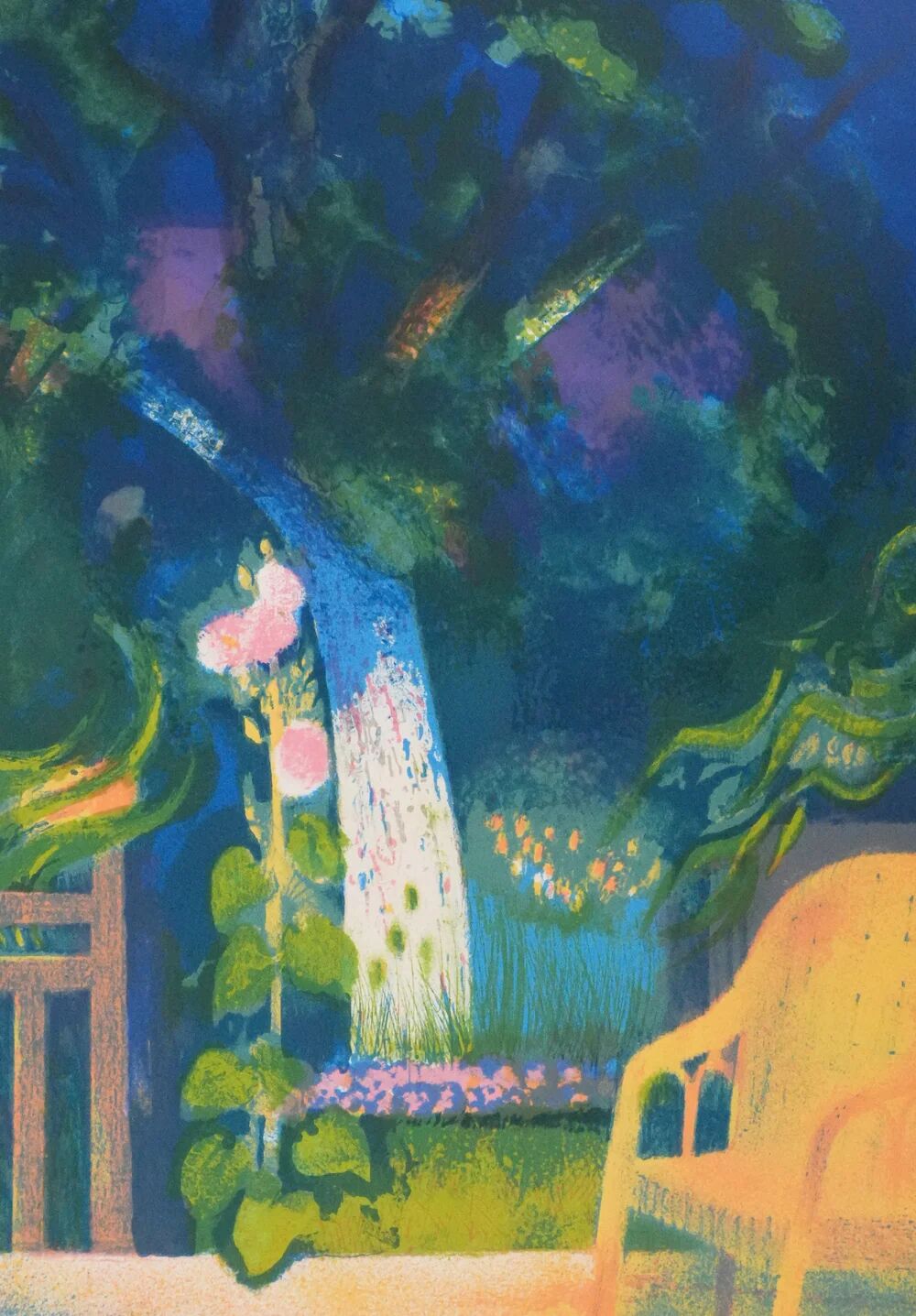 Paul COLLOMB: The garden at night, original signed lithograph.