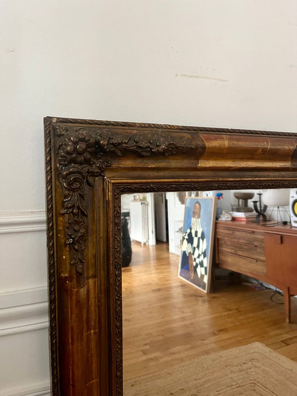 Large antique gilded wood mirror, 108cm x 118cm