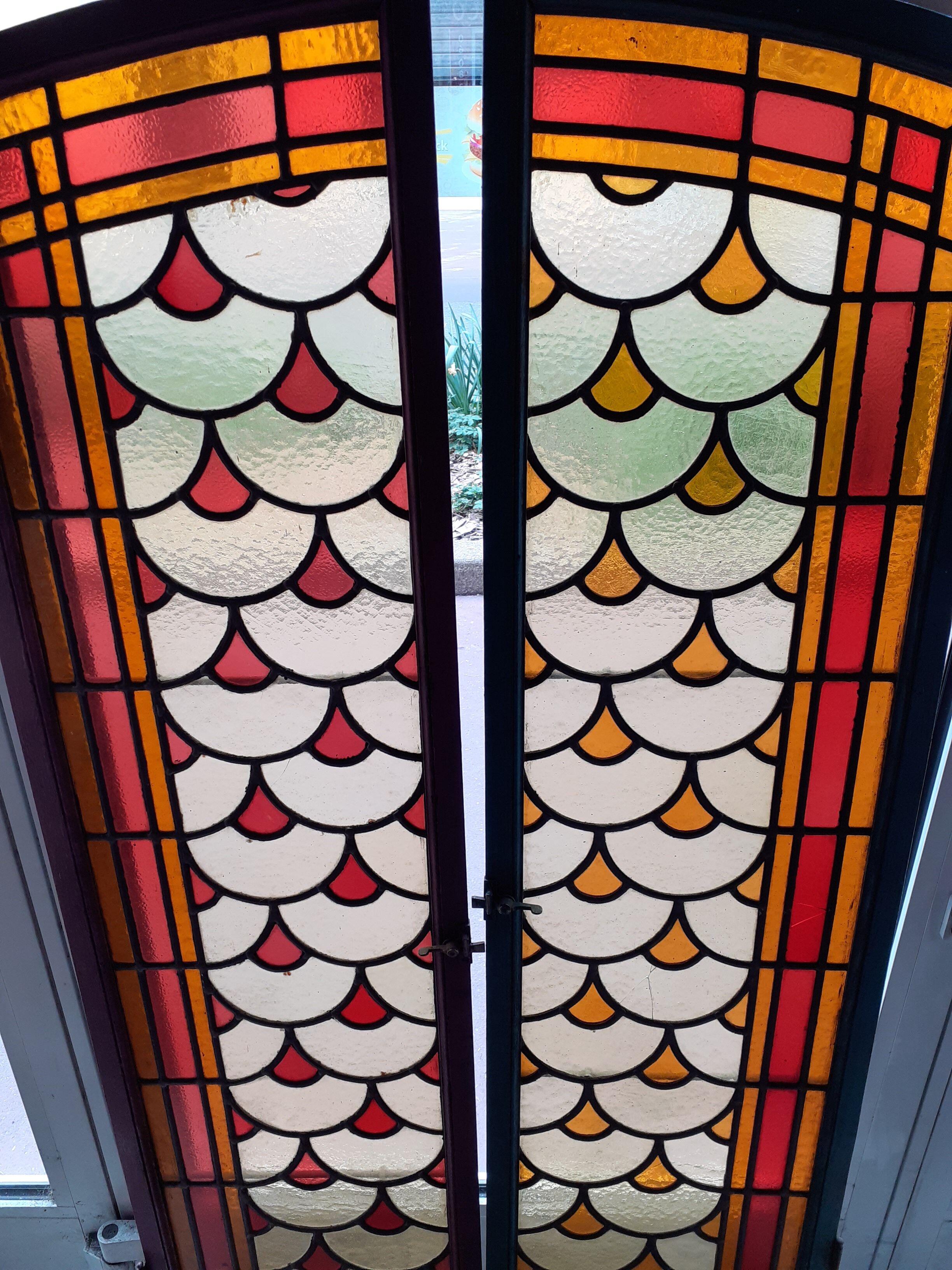 2 painted oak doors, stained glass interior