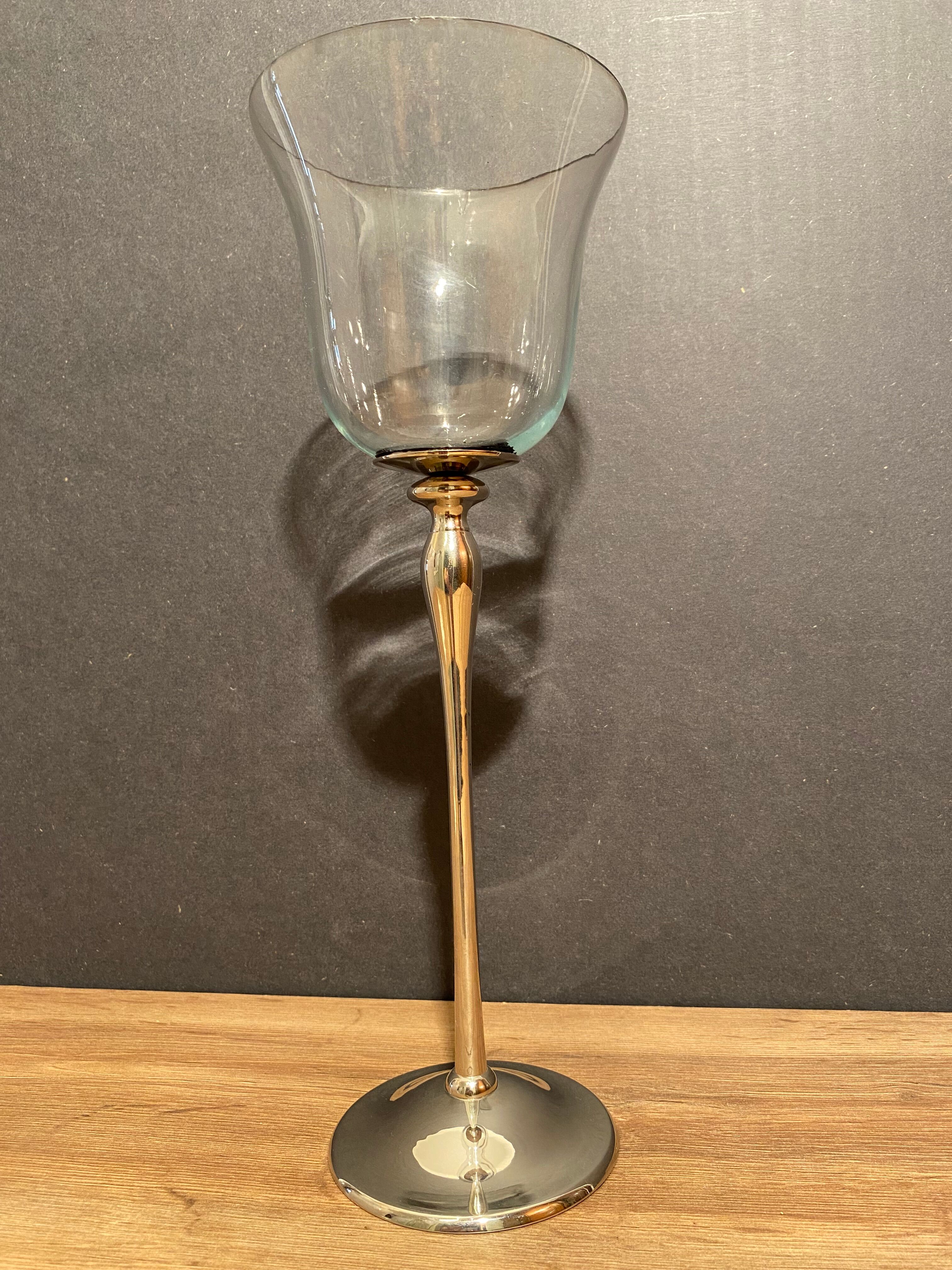 Glass photophore on high metal stand with silver patina