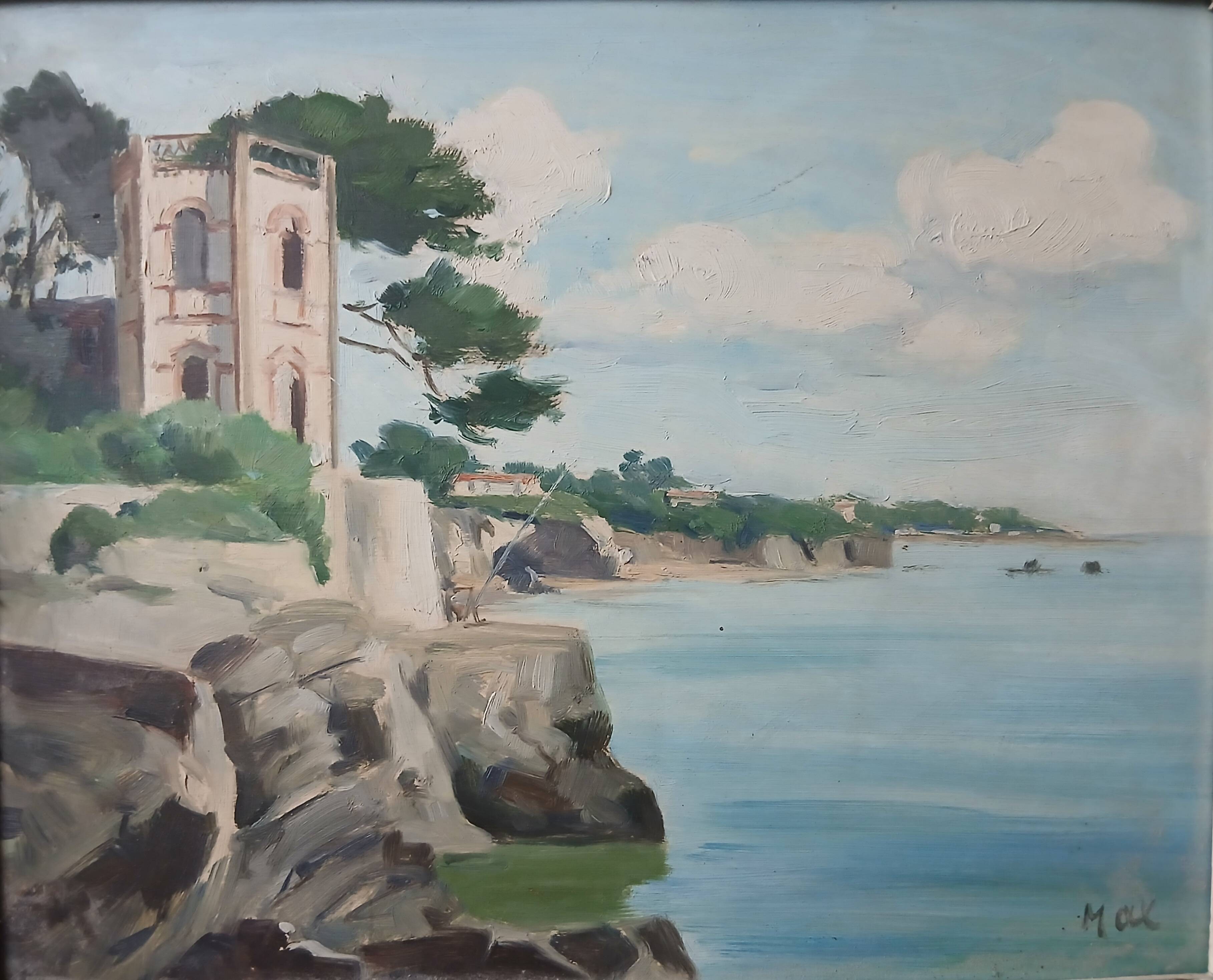 Vintage painting of a coastal landscape with a solitary fisherman.