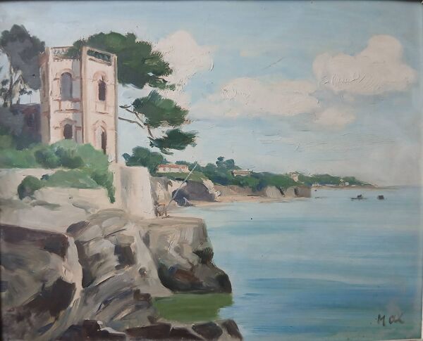 Tableau vintage paysage côtier avec pêcheur solitaire